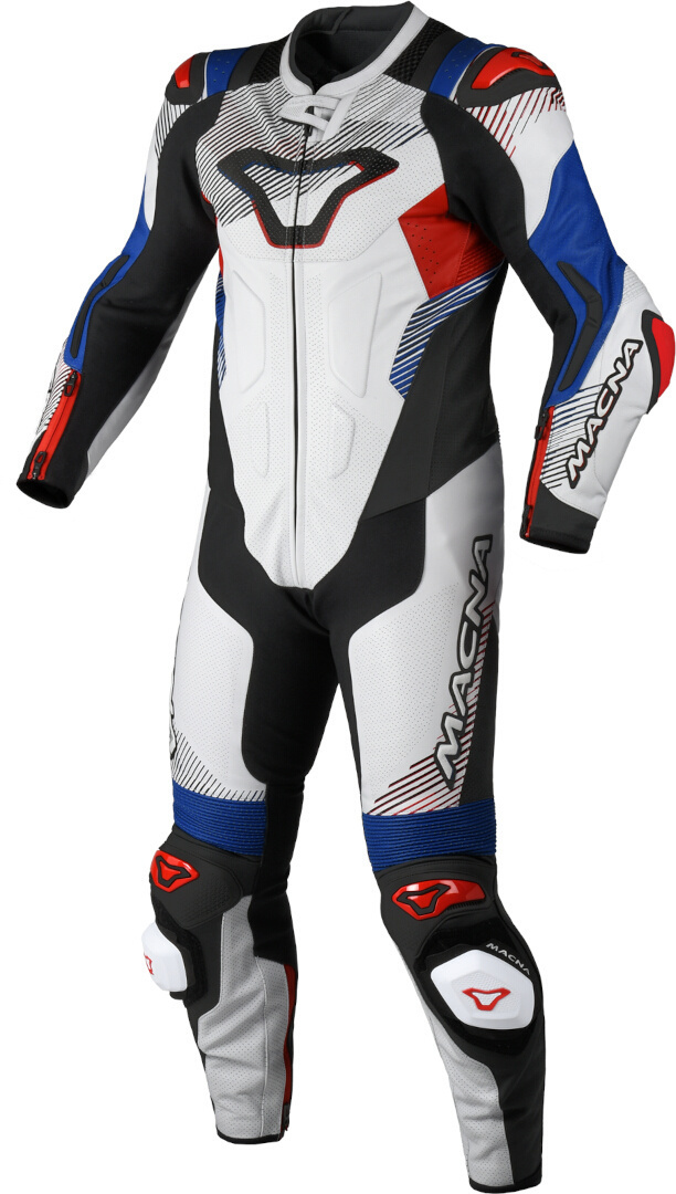 Macna Armadyl perforated One Piece Motorcycle Leather Suit, white-red-blue, Size 48 for Men-image-685797877