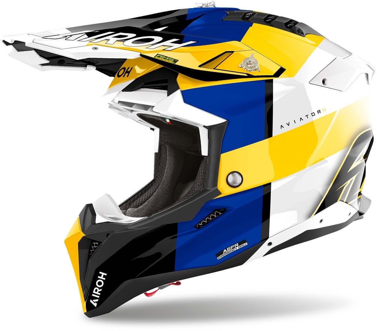 Airoh Men's White Blue Yellow Aviator 3 Monarch Motocross Helmet, White-Blue-Yellow, Size Xl For