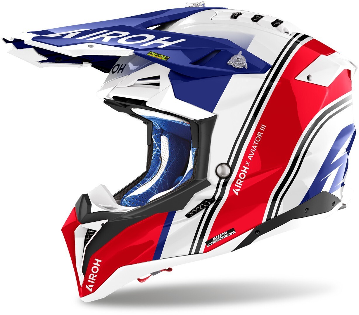 Airoh Men's White Red Blue Aviator 3 Hima Motocross Helmet, White-Red-Blue, Size S For