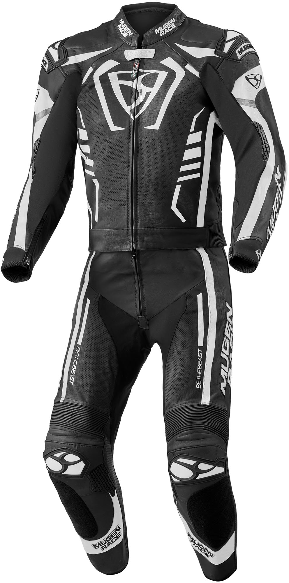 Mugenrace Predator Perforated Two Piece Motorcycle Leather Suit, Black-White, Size 48 For Men