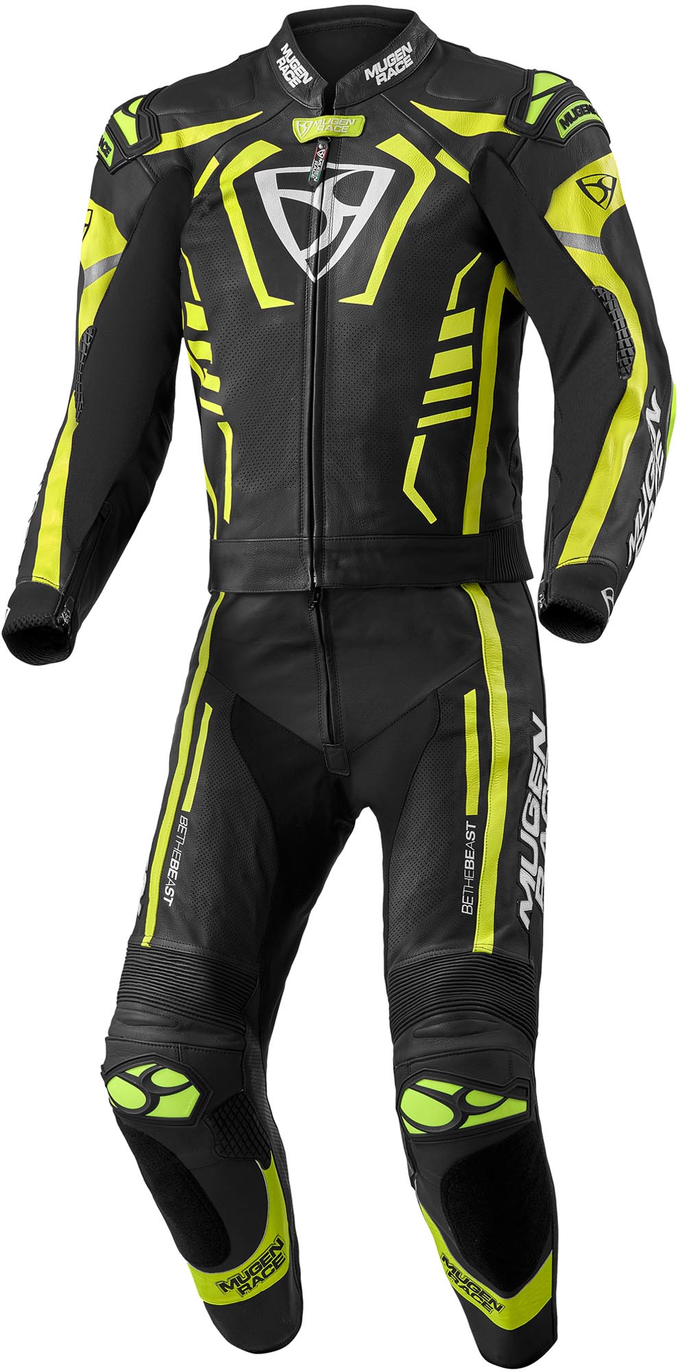 MUGENRACE Predator perforated Two Piece Motorcycle Leather Suit, black-white-yellow, Size 54 for Men-image-442233985