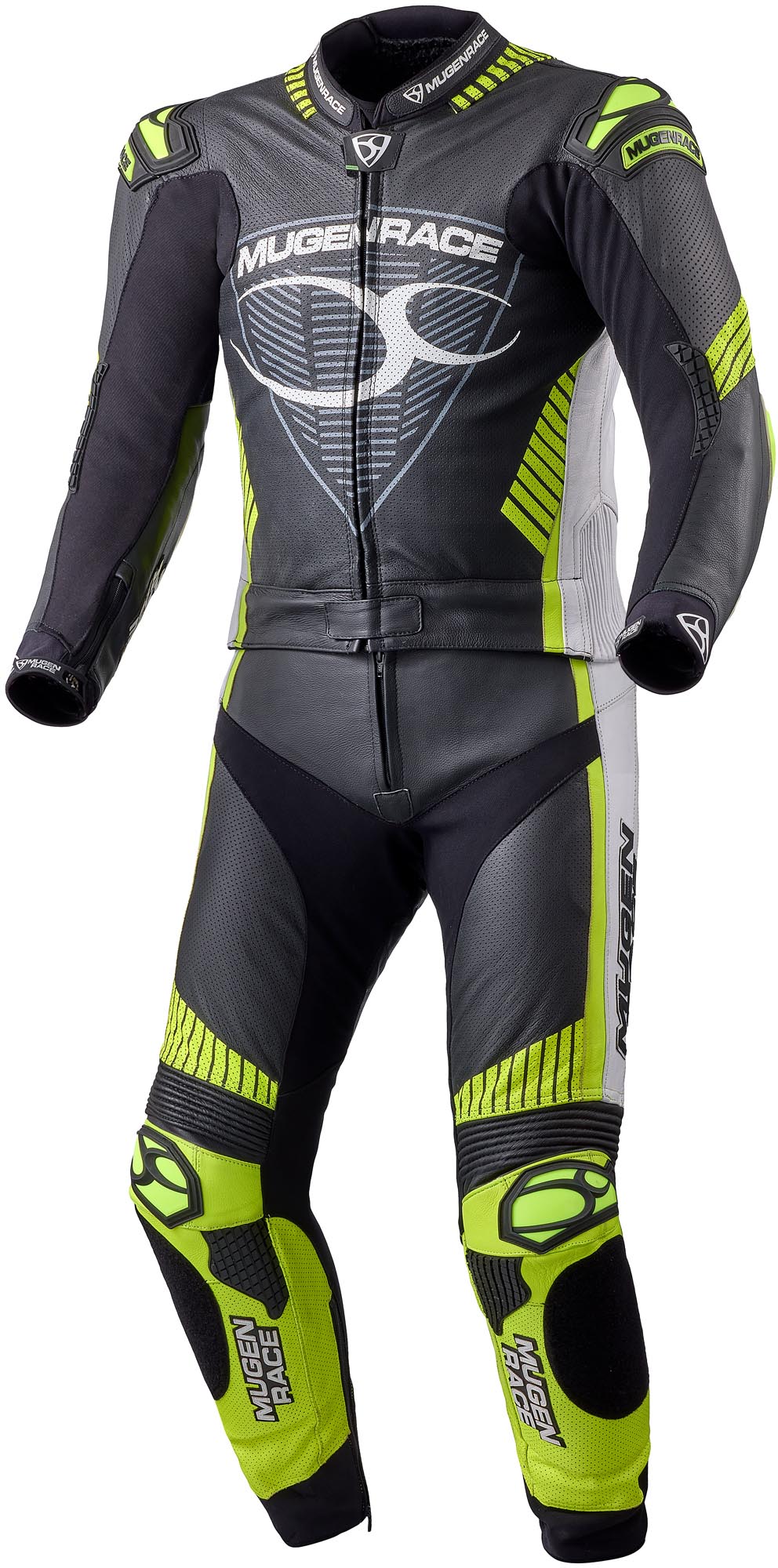 Mugenracer Impegnato Perforated Two Piece Motorcycle Leather Suit, Black-White-Yellow, Size 50 For Men