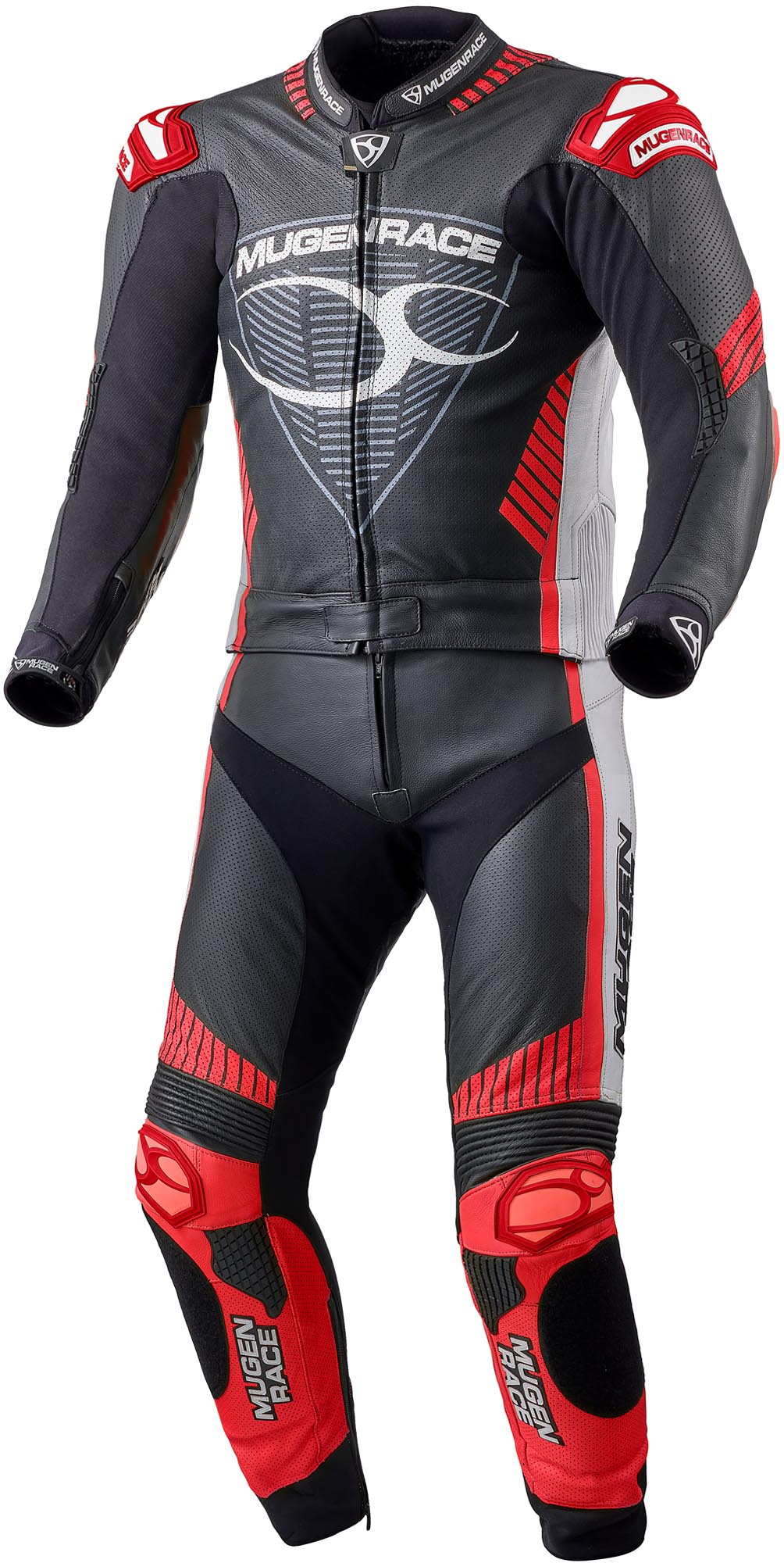 Mugenracer Impegnato Perforated Two Piece Motorcycle Leather Suit, Black-White-Red, Size 48 For Men