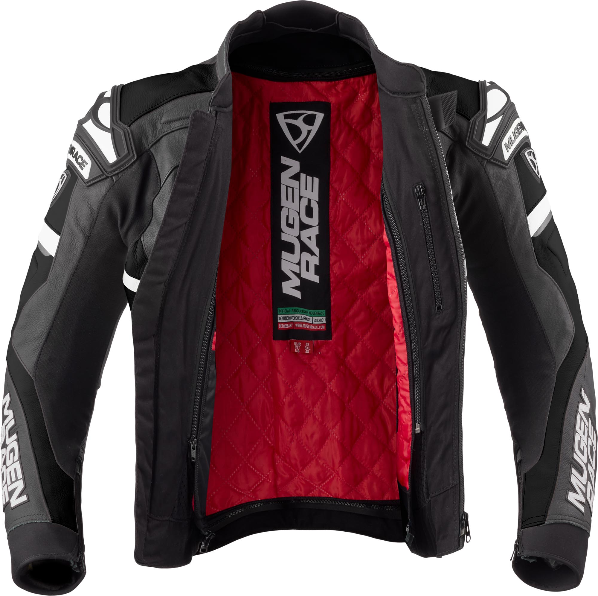 Side view of MUGENRACE Marcus Motorcycle Leather Jacket, black-white, Size 56 for Men