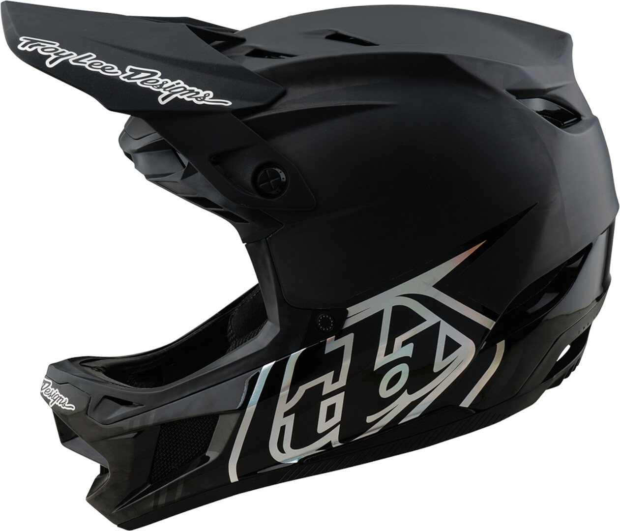 Side view of Troy Lee Designs D4 Mips Stealth 2025 Carbon Downhill Helmet, black, Size L for Men