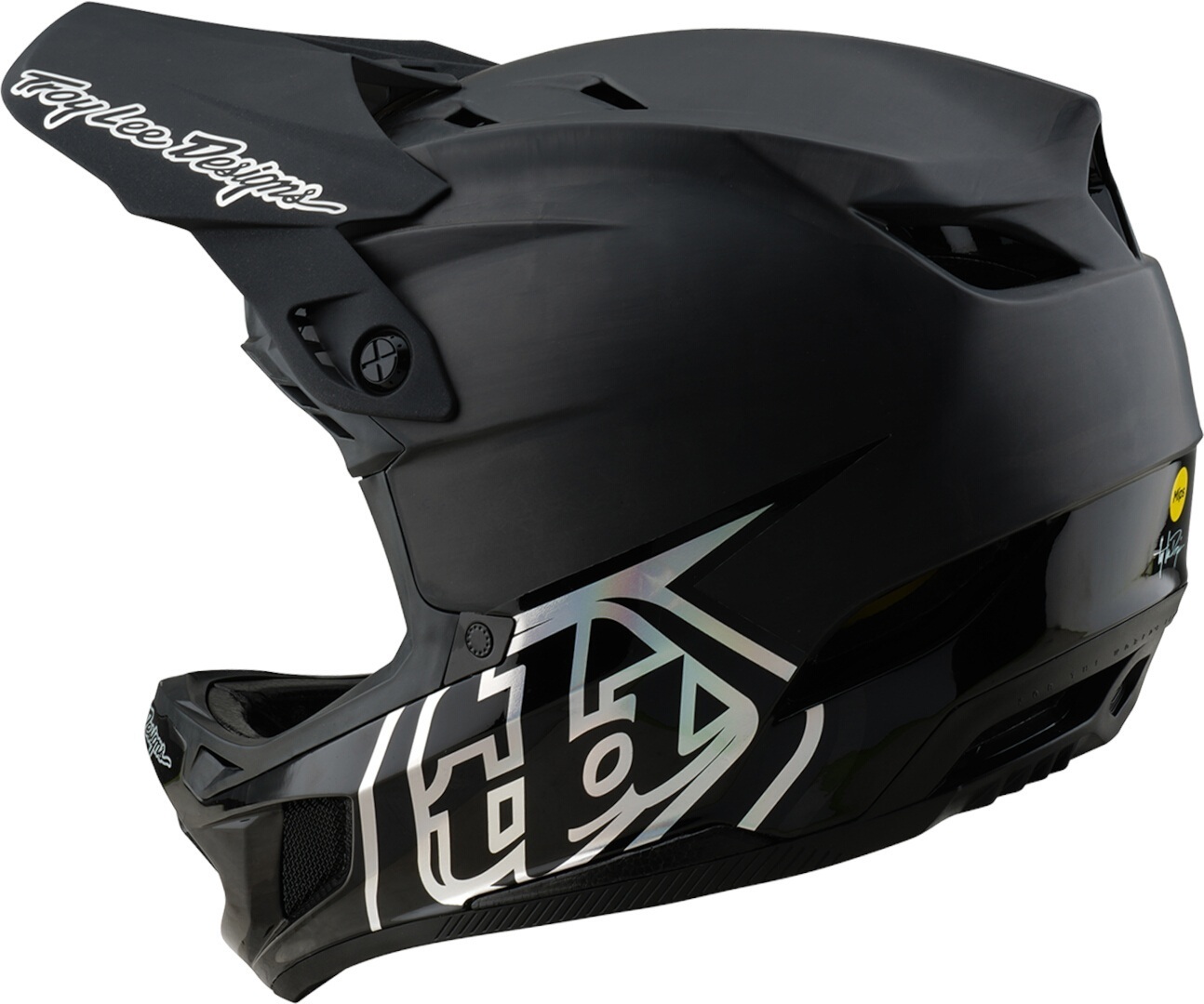 Side view of Troy Lee Designs D4 Mips Stealth 2025 Carbon Downhill Helmet, black, Size L for Men
