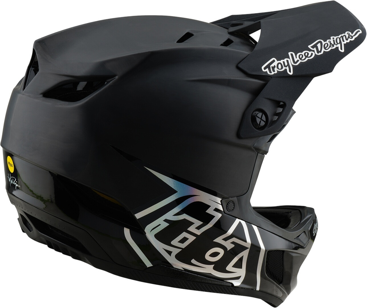 Side view of Troy Lee Designs D4 Mips Stealth 2025 Carbon Downhill Helmet, black, Size L for Men