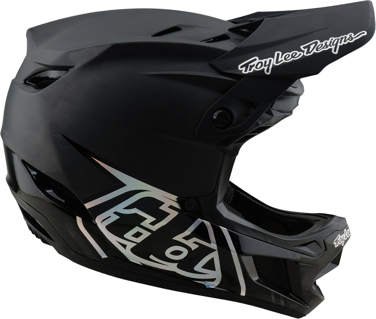Side view of Troy Lee Designs D4 Mips Stealth 2025 Carbon Downhill Helmet, black, Size L for Men