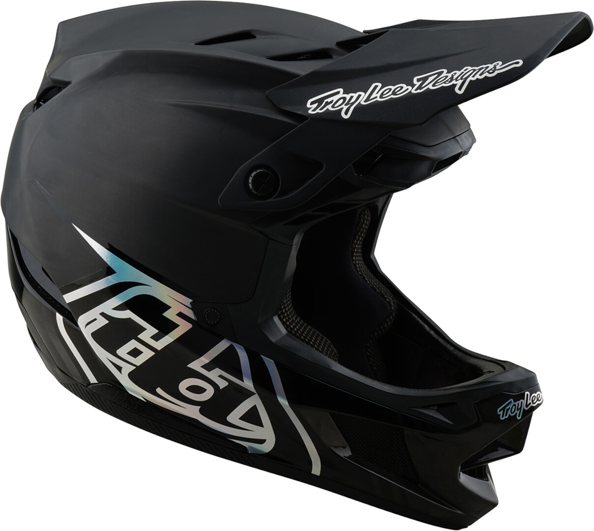 Side view of Troy Lee Designs D4 Mips Stealth 2025 Carbon Downhill Helmet, black, Size L for Men
