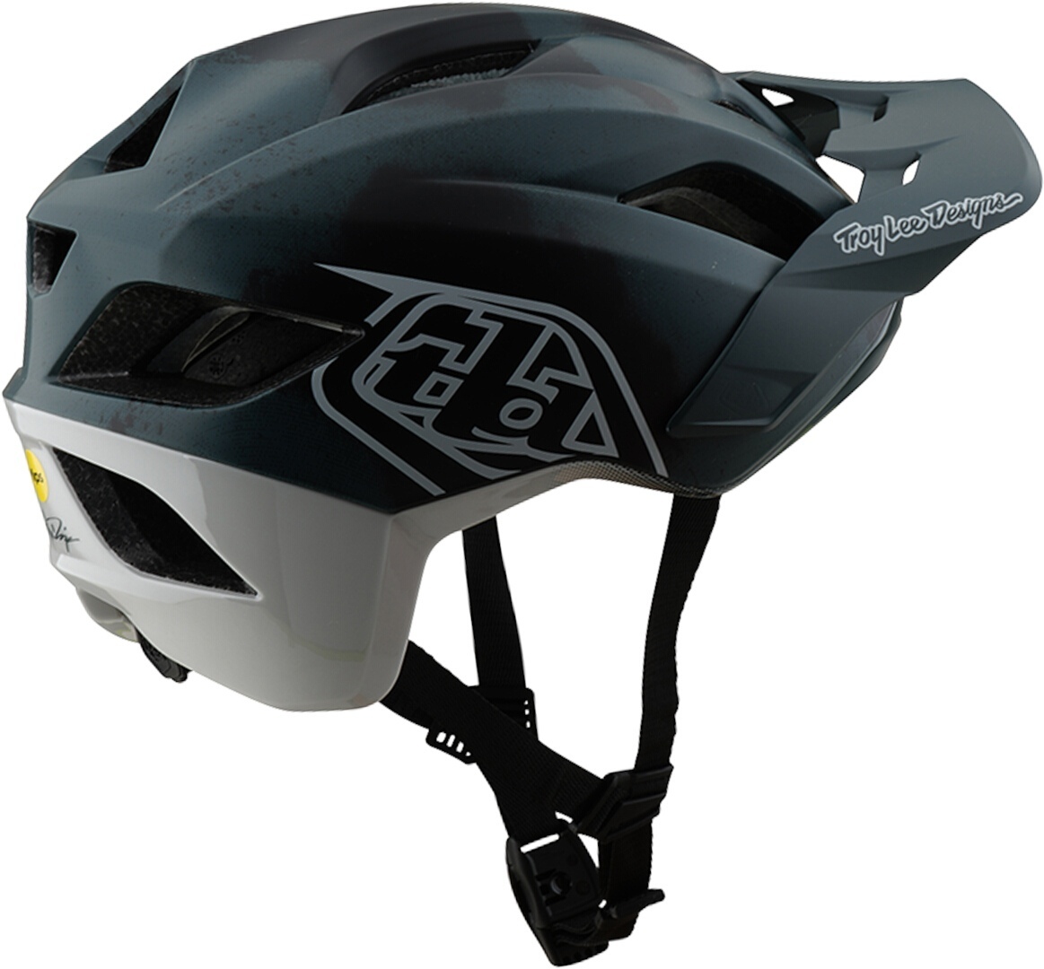 Side view of Troy Lee Designs Mips Flowline SE Badge Camo Bicycle Helmet, grey-green-blue for Men