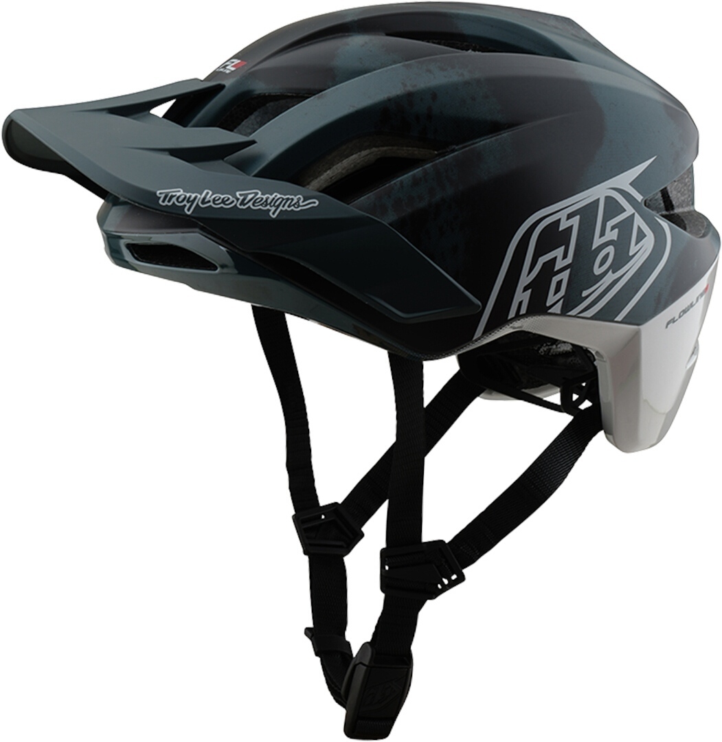 Side view of Troy Lee Designs Mips Flowline SE Badge Camo Bicycle Helmet, grey-green-blue for Men
