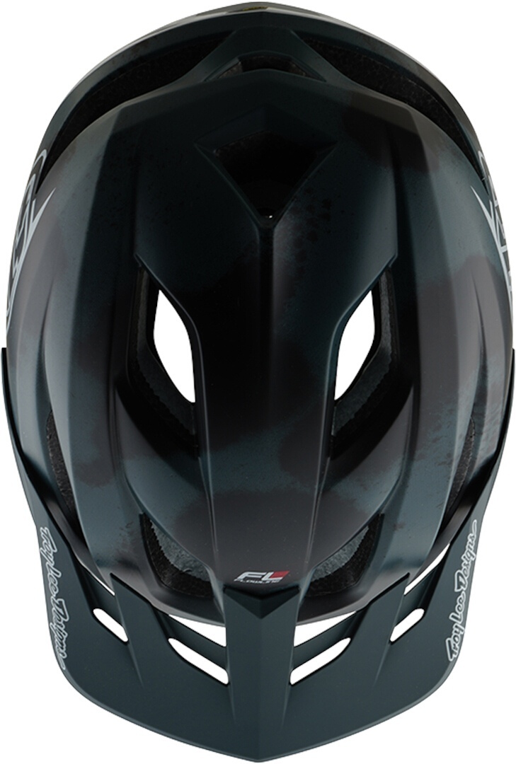 Side view of Troy Lee Designs Mips Flowline SE Badge Camo Bicycle Helmet, grey-green-blue for Men