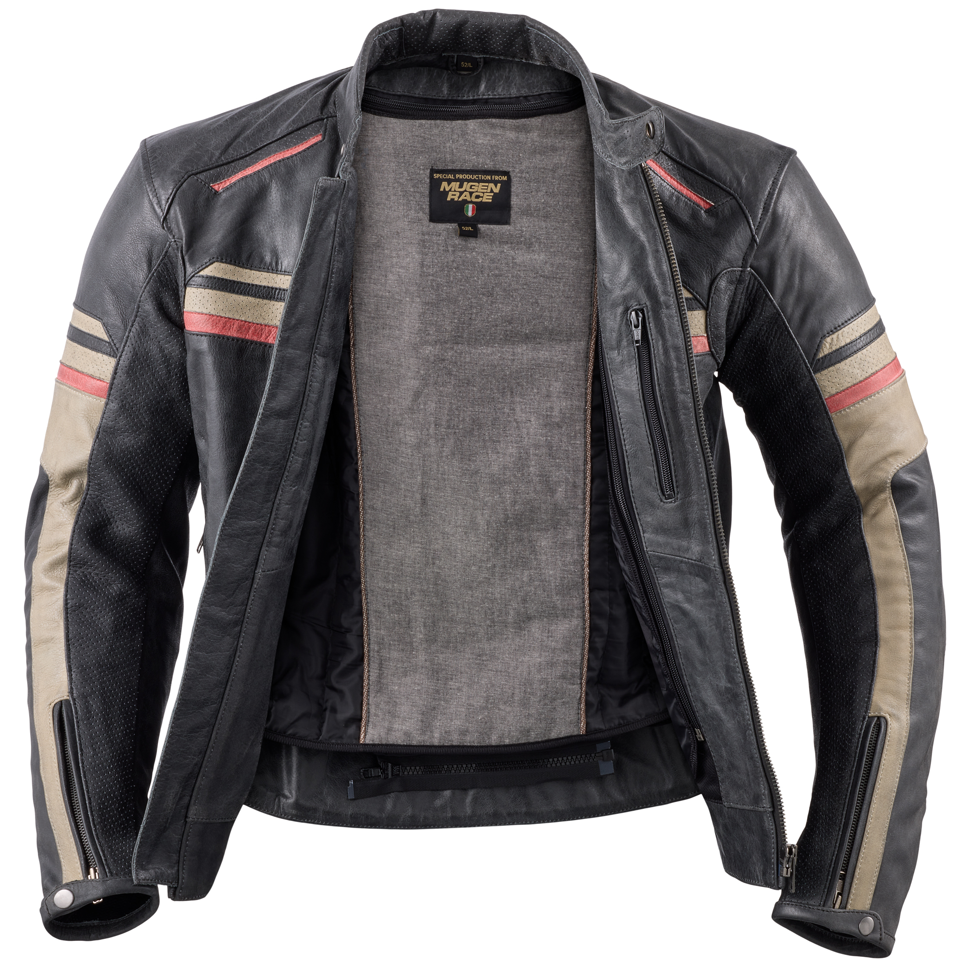 Side view of MUGENRACE Loksait Motorcycle Leather Jacket, black-red-beige, Size 5XL for Men