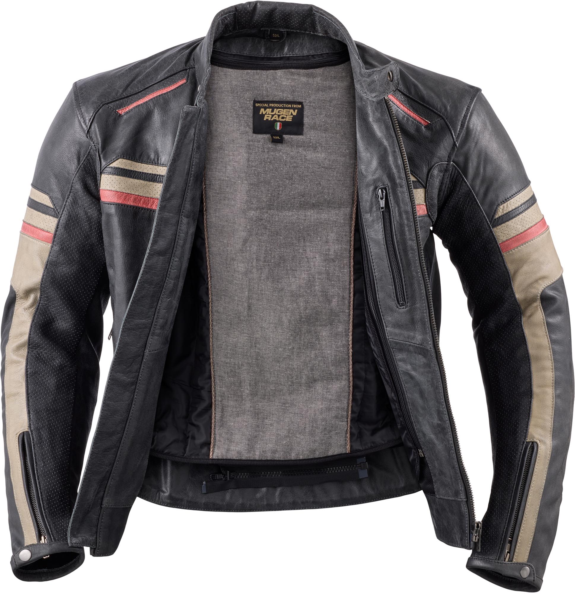 Side view of MUGENRACE Loksait Motorcycle Leather Jacket, black-red-beige, Size 5XL for Men