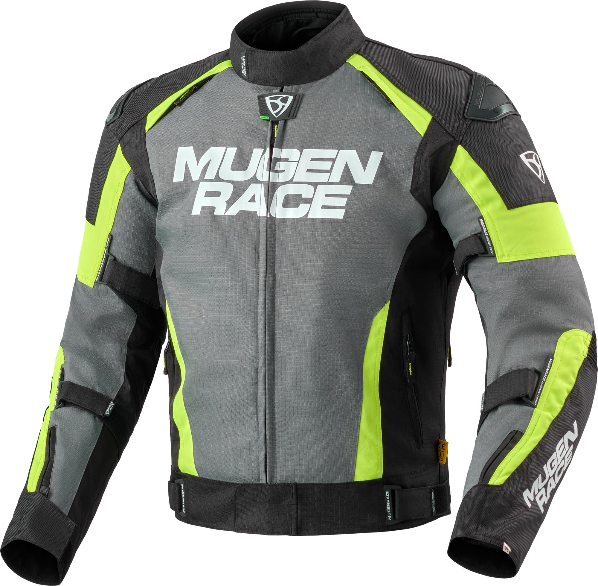 MUGENRACE Romano Veste textile de moto imperméable, noir-gris-jaune, taille 4XL pour Hommes