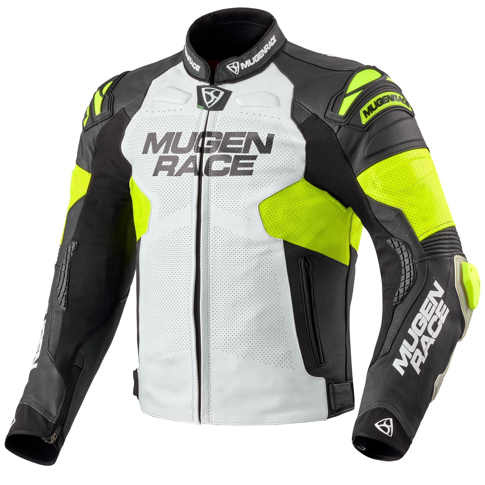 MUGENRACE Mry Blouson en cuir de moto perforé, noir-blanc-jaune, taille 62 pour Hommes