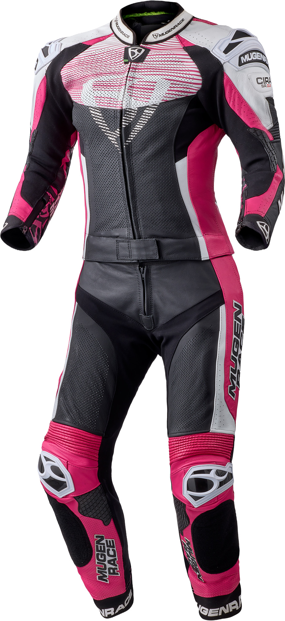 MUGENRACE Cira-SR perforated Two Piece Ladies Motorcycle Leather Suit, black-white-pink, Size 34 for Women-image-928942109