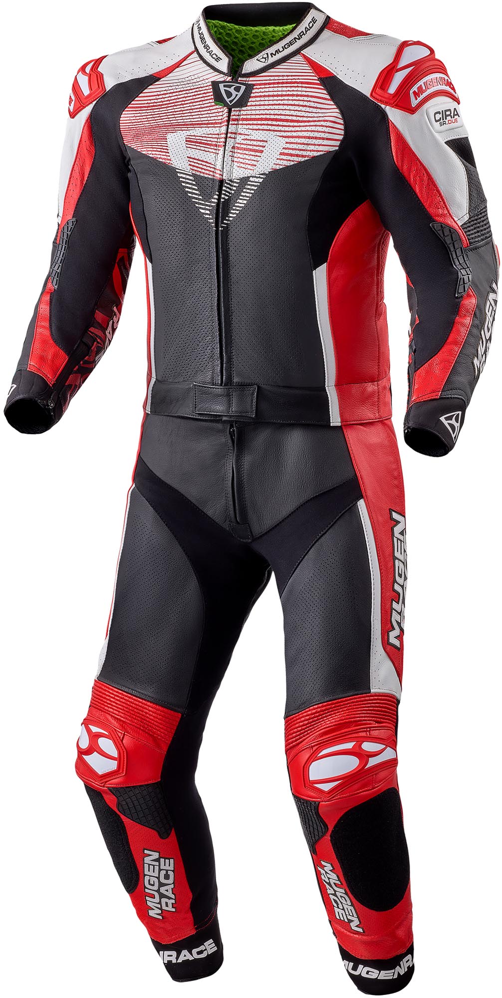 Mugenrace Scorpion Perforated Two Piece Motorcycle Leather Suit, Black-White-Red, Size 50 For Men