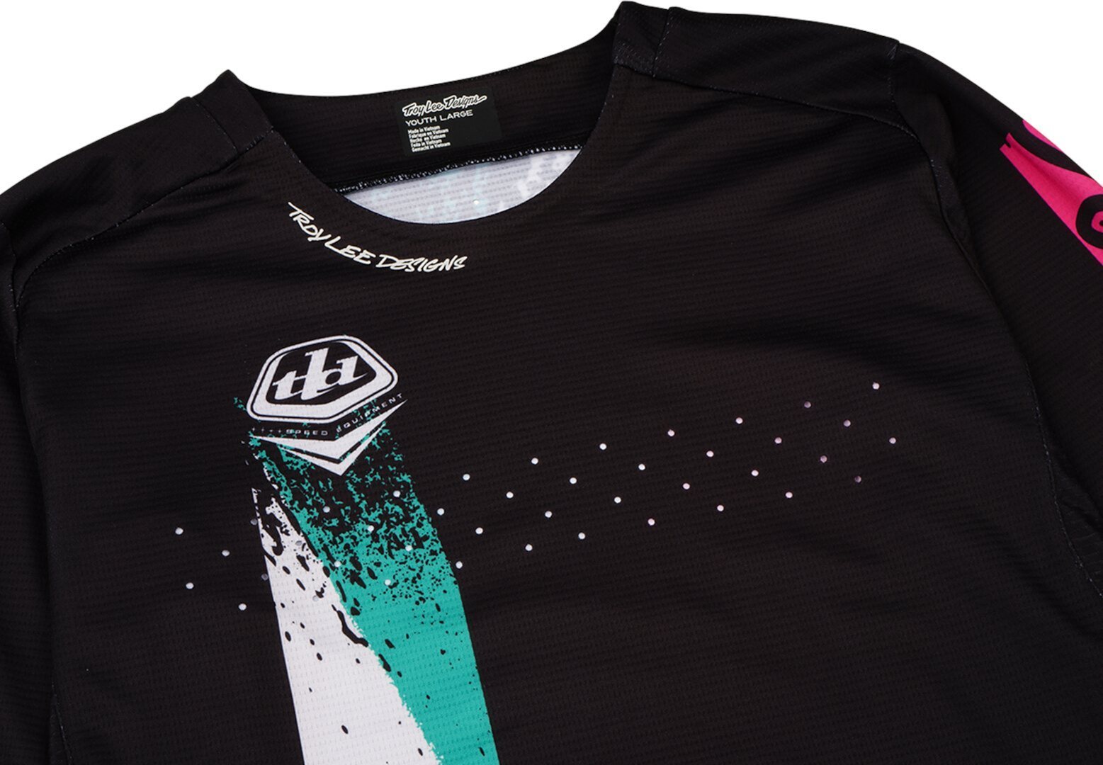 Side view of Troy Lee Designs Full Pull Sprint Kids Bicycle Jersey, black, Size XS