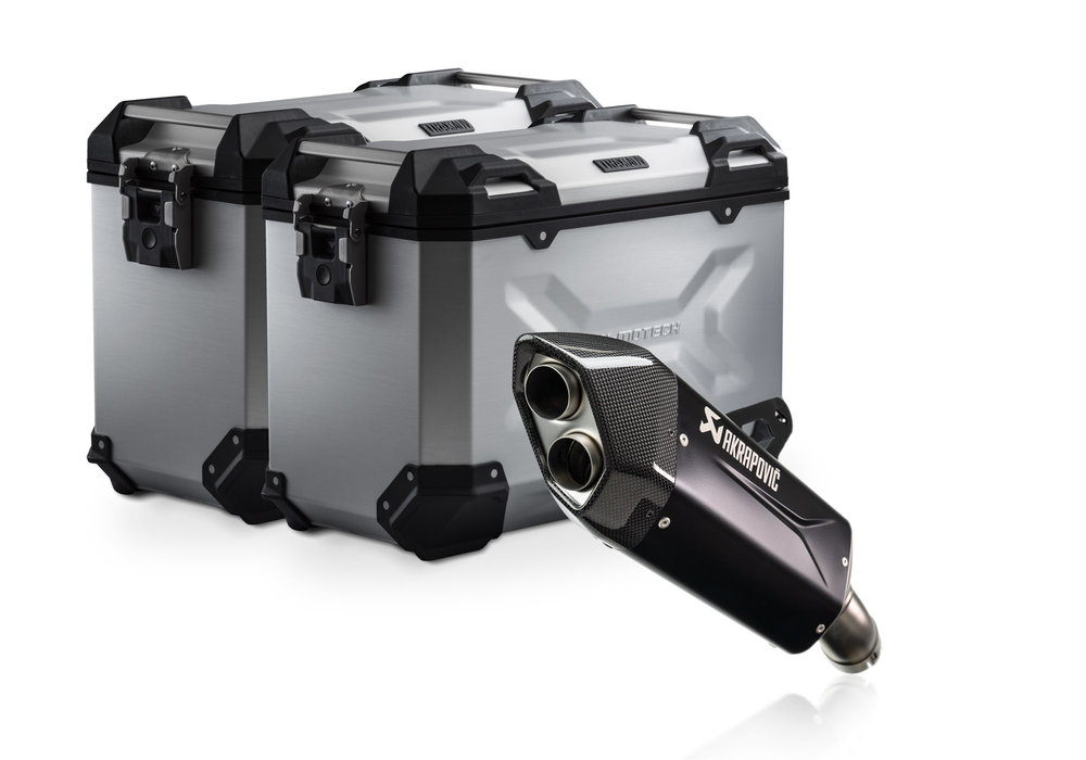 SW-Motech TRAX ADV aluminium case system + Akrapovic - Silver. 45/45 l. BMW R 1300 GS Adv. (24-).