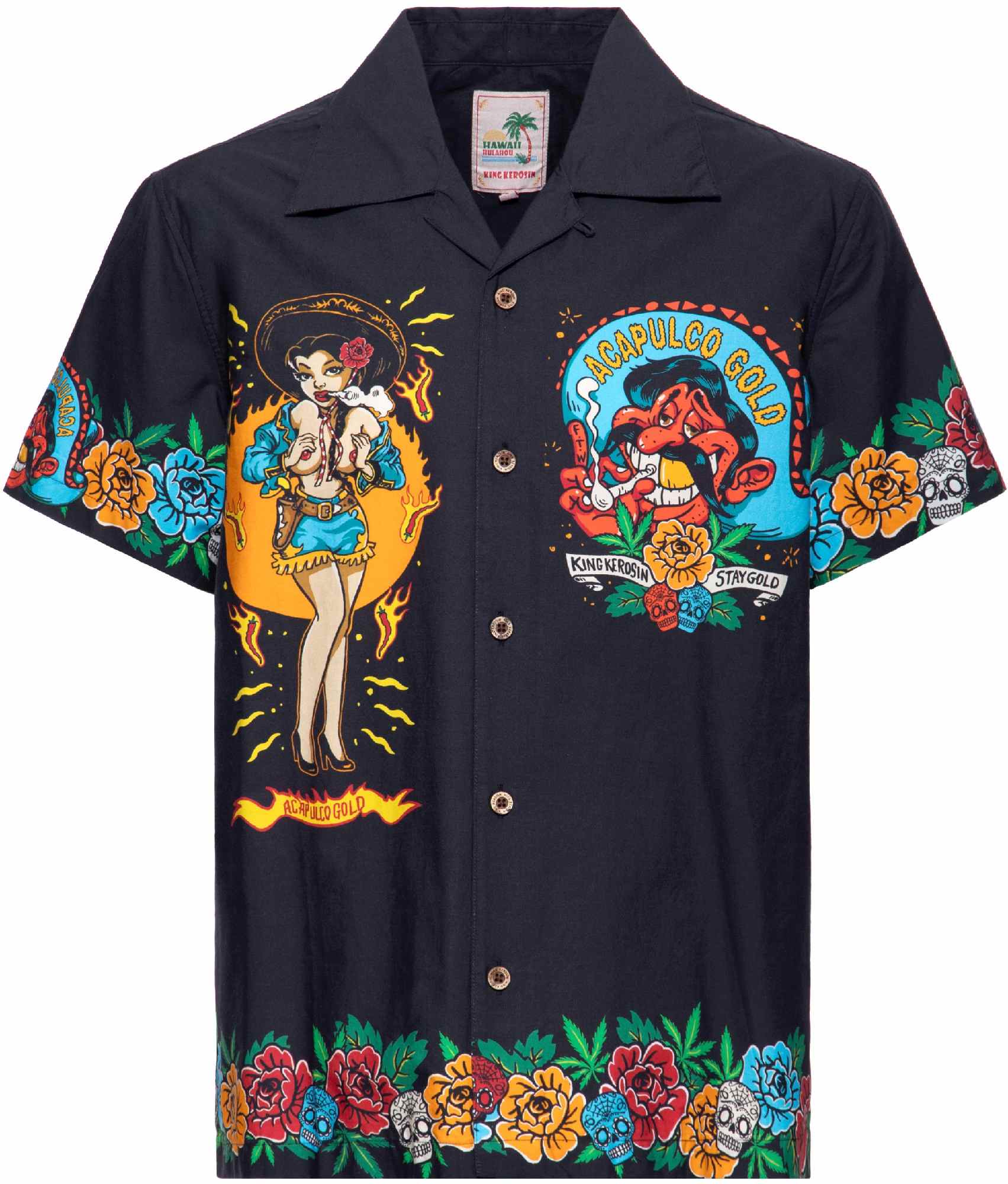 King Kerosin Acapulco Gold Chemise à manches courtes, noir-multicolore, taille L pour Hommes