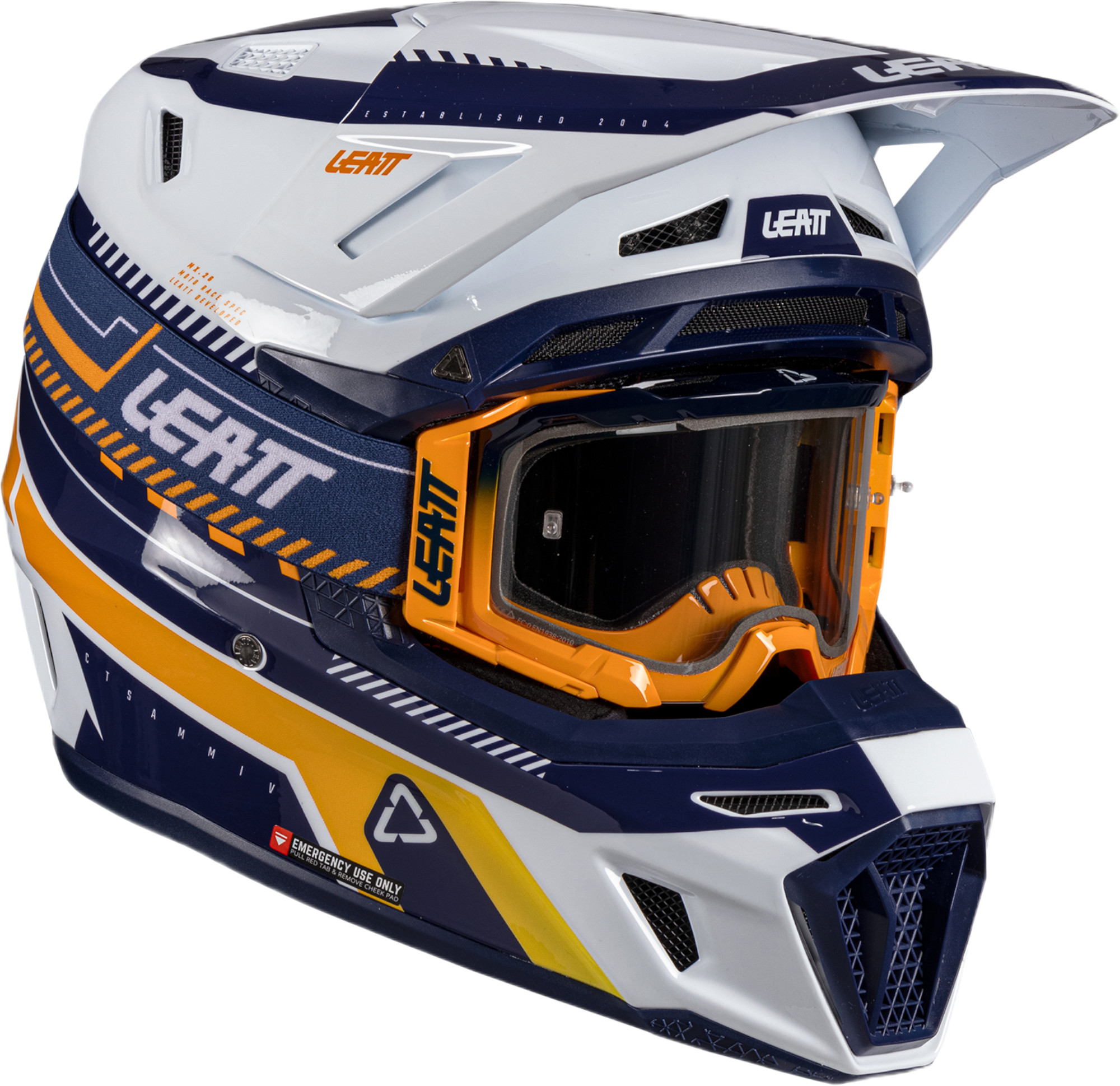 Leatt 8.5 V26 Casque de motocross avec lunettes, blanc-bleu-orange, taille S pour Hommes