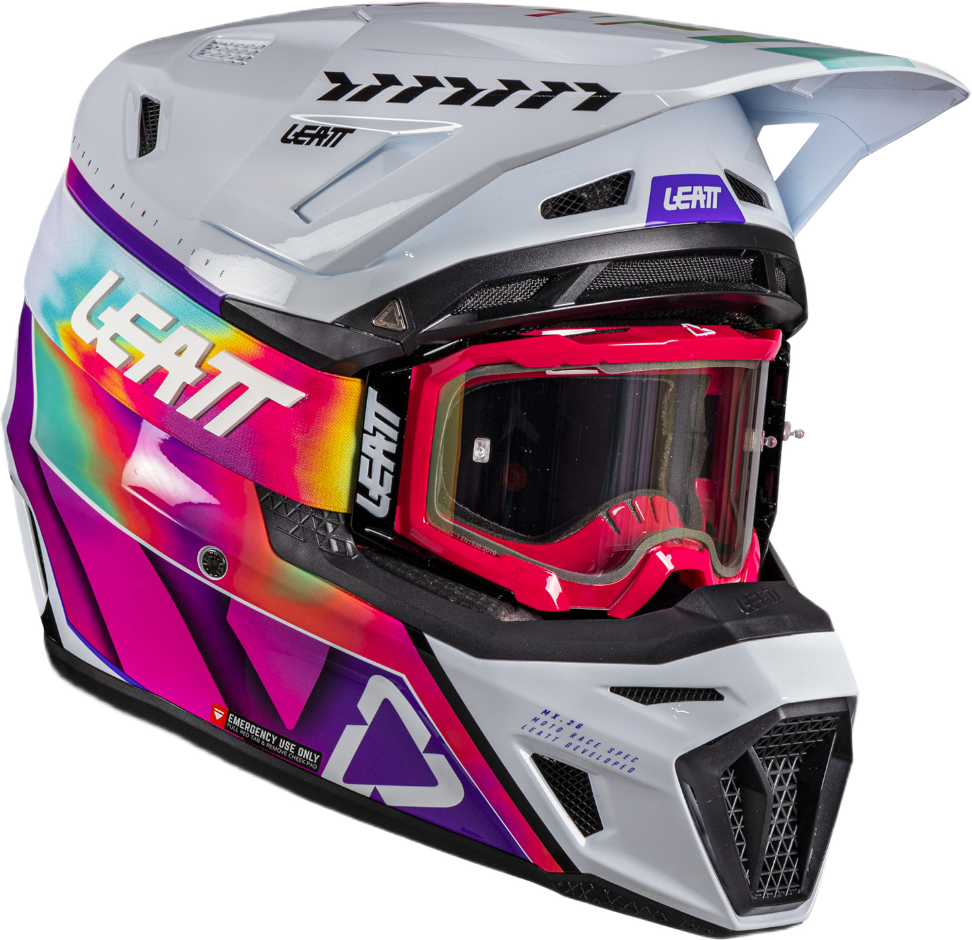 Leatt 8.5 V26 Casque de motocross avec lunettes, rose-multicolore, taille L pour Hommes