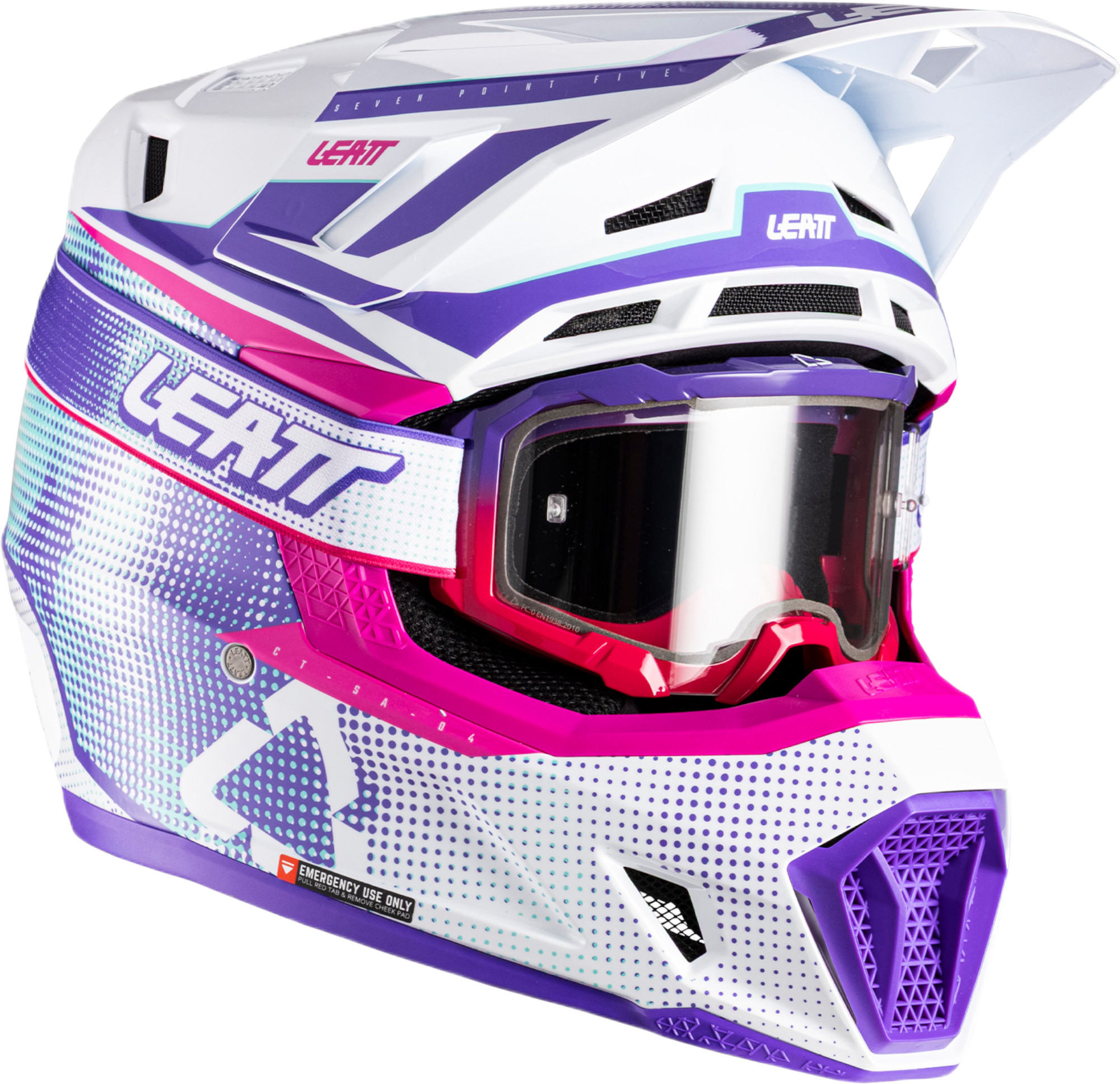 Leatt 7.5 V26 Casque de motocross avec lunettes, blanc-rose-pourpre, taille L pour Hommes