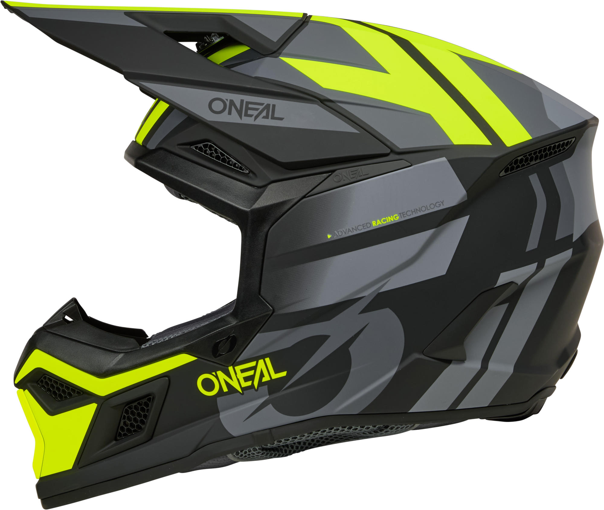 Side view of Oneal 3SRS RIDE Motocross Helmet, black-grey-yellow, Size M for Men