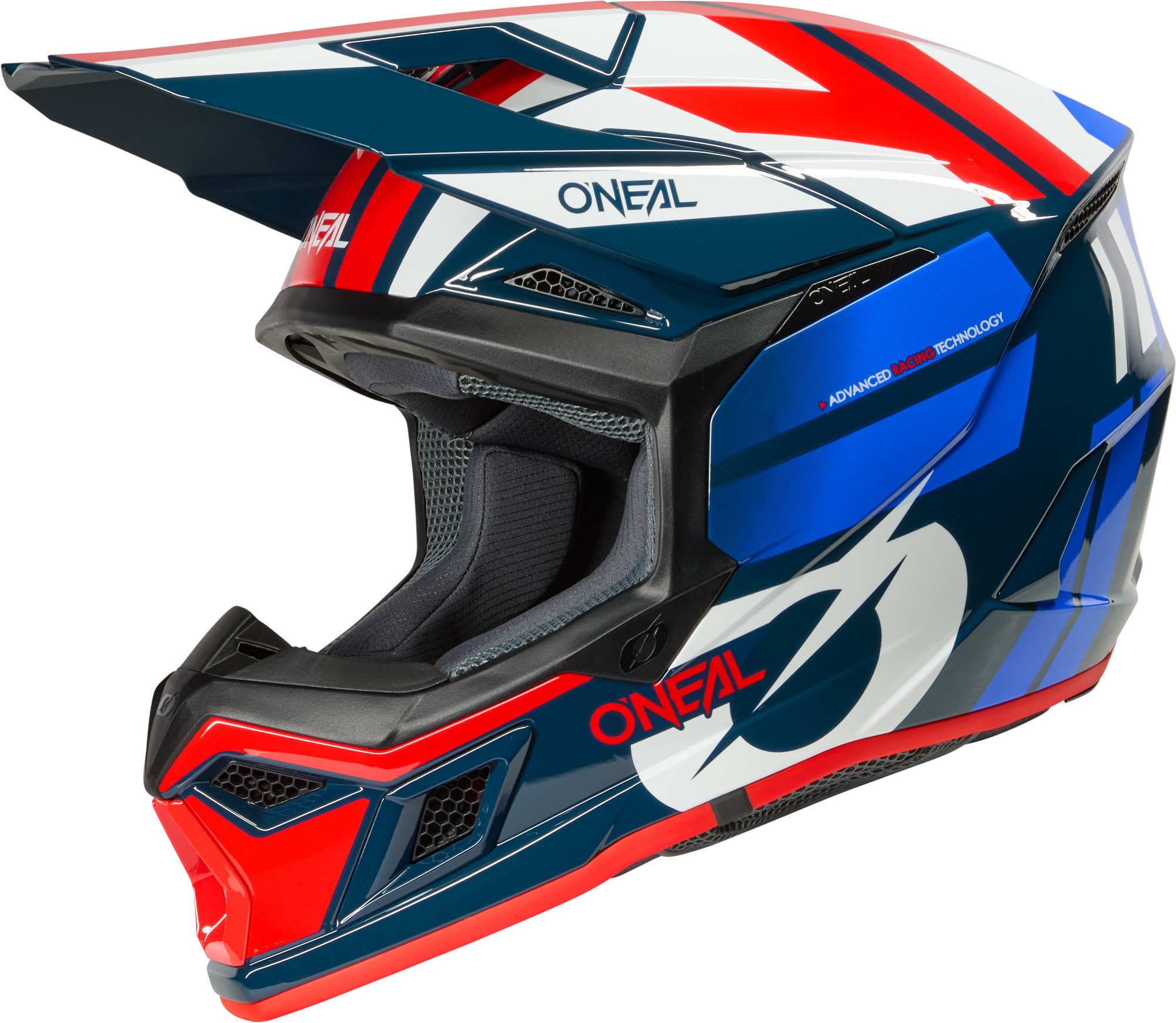 Side view of Oneal 3SRS RIDE Motocross Helmet, white-red-blue, Size 2XL for Men