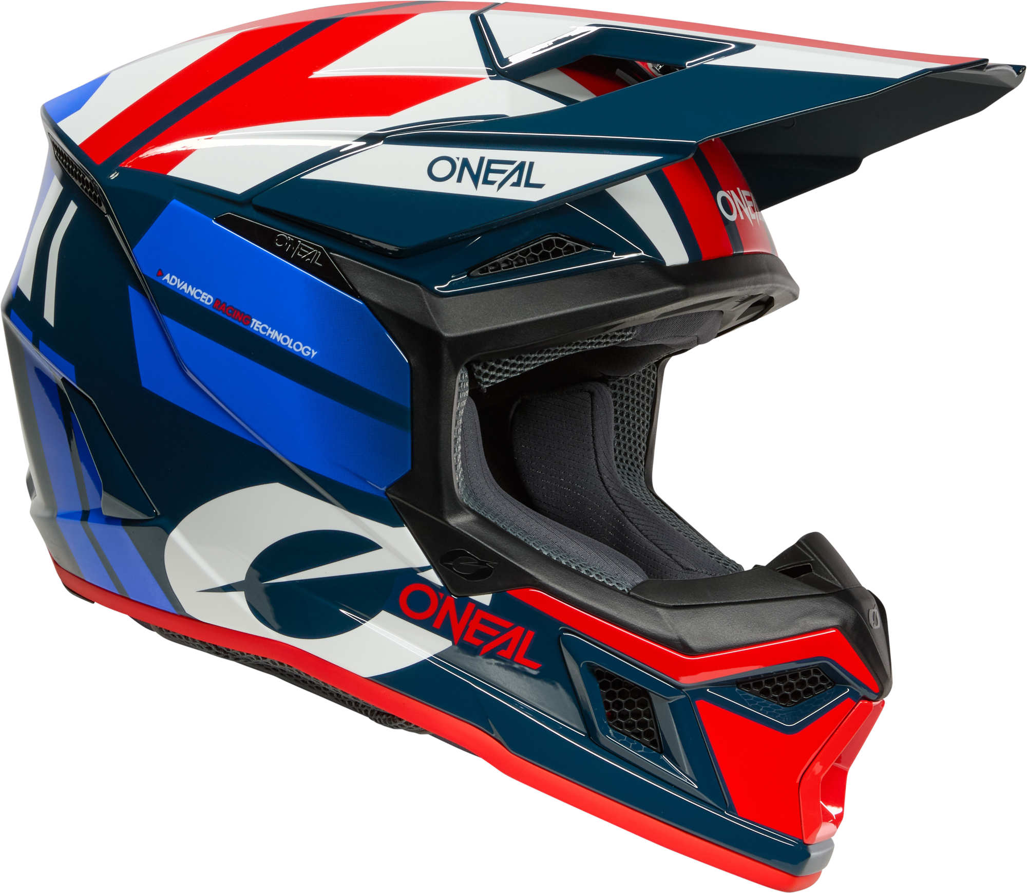 Side view of Oneal 3SRS RIDE Motocross Helmet, white-red-blue, Size 2XL for Men