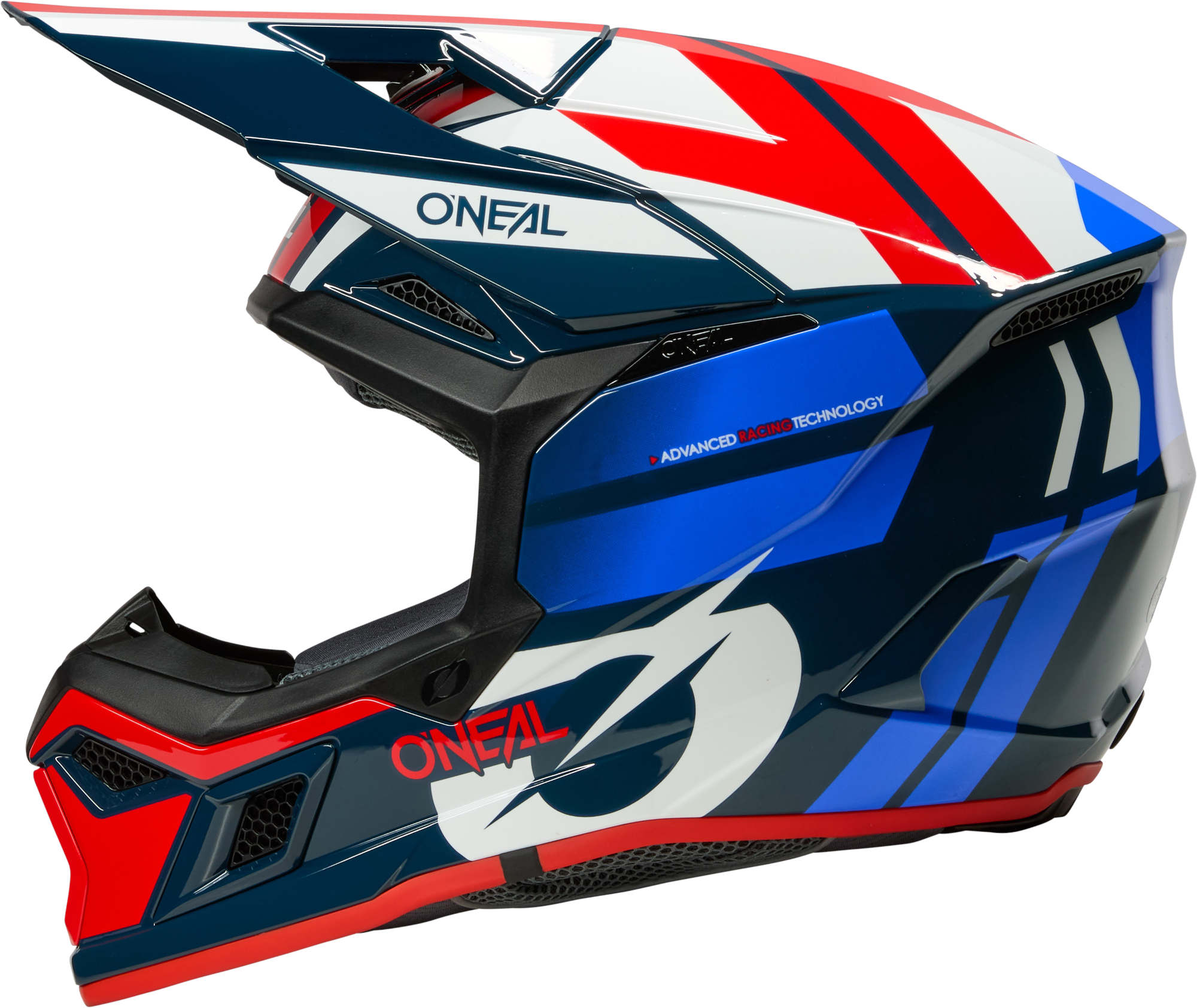 Side view of Oneal 3SRS RIDE Motocross Helmet, white-red-blue, Size 2XL for Men