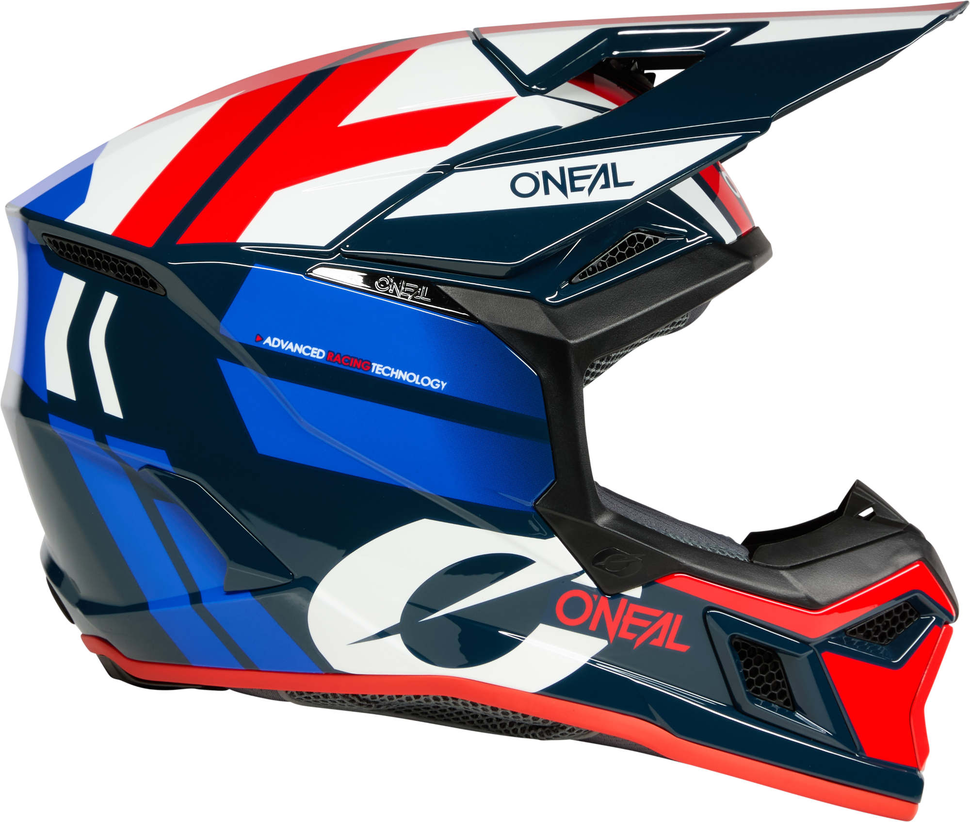 Side view of Oneal 3SRS RIDE Motocross Helmet, white-red-blue, Size 2XL for Men