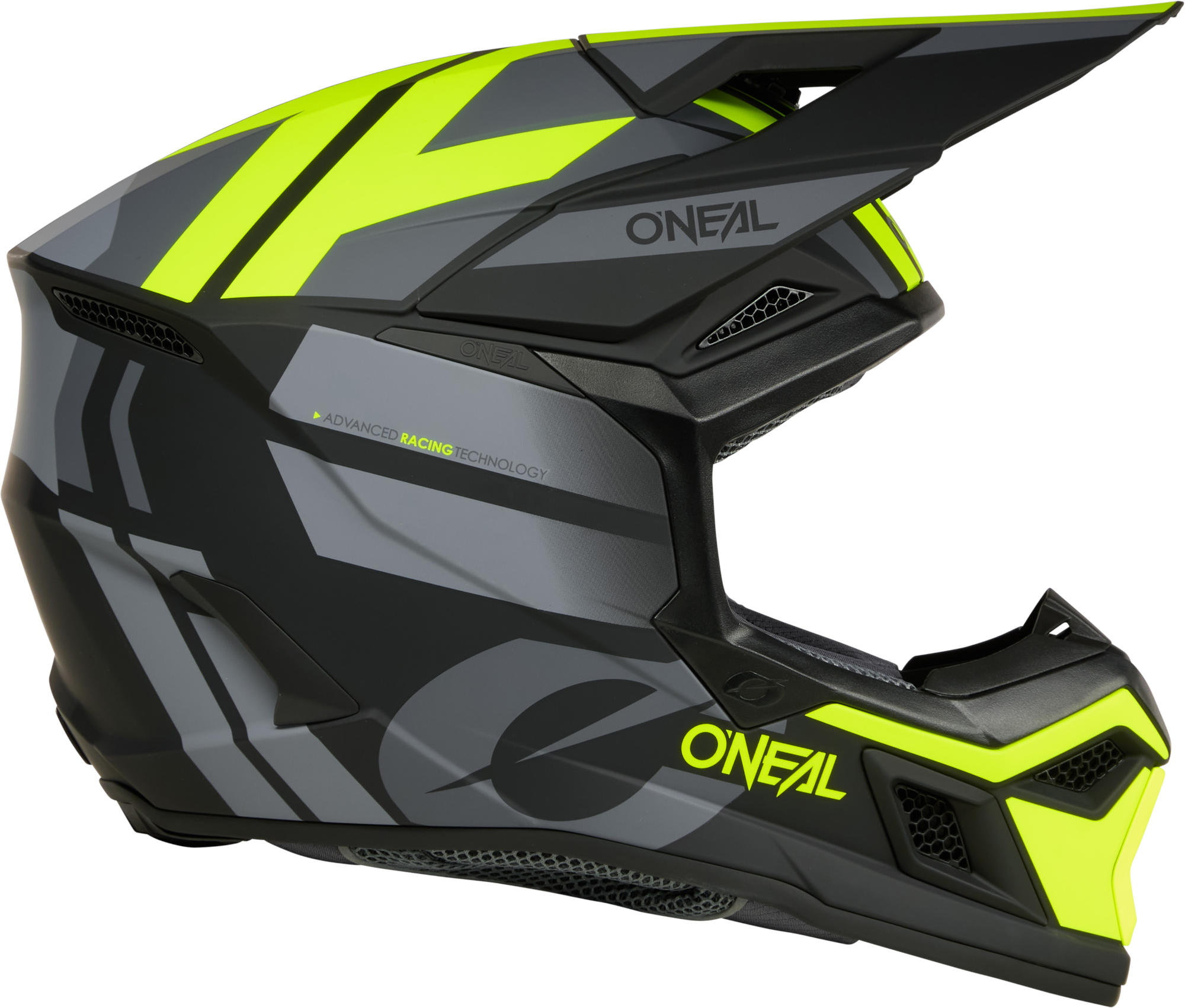 Side view of Oneal 3SRS RIDE Motocross Helmet, black-grey-yellow, Size M for Men