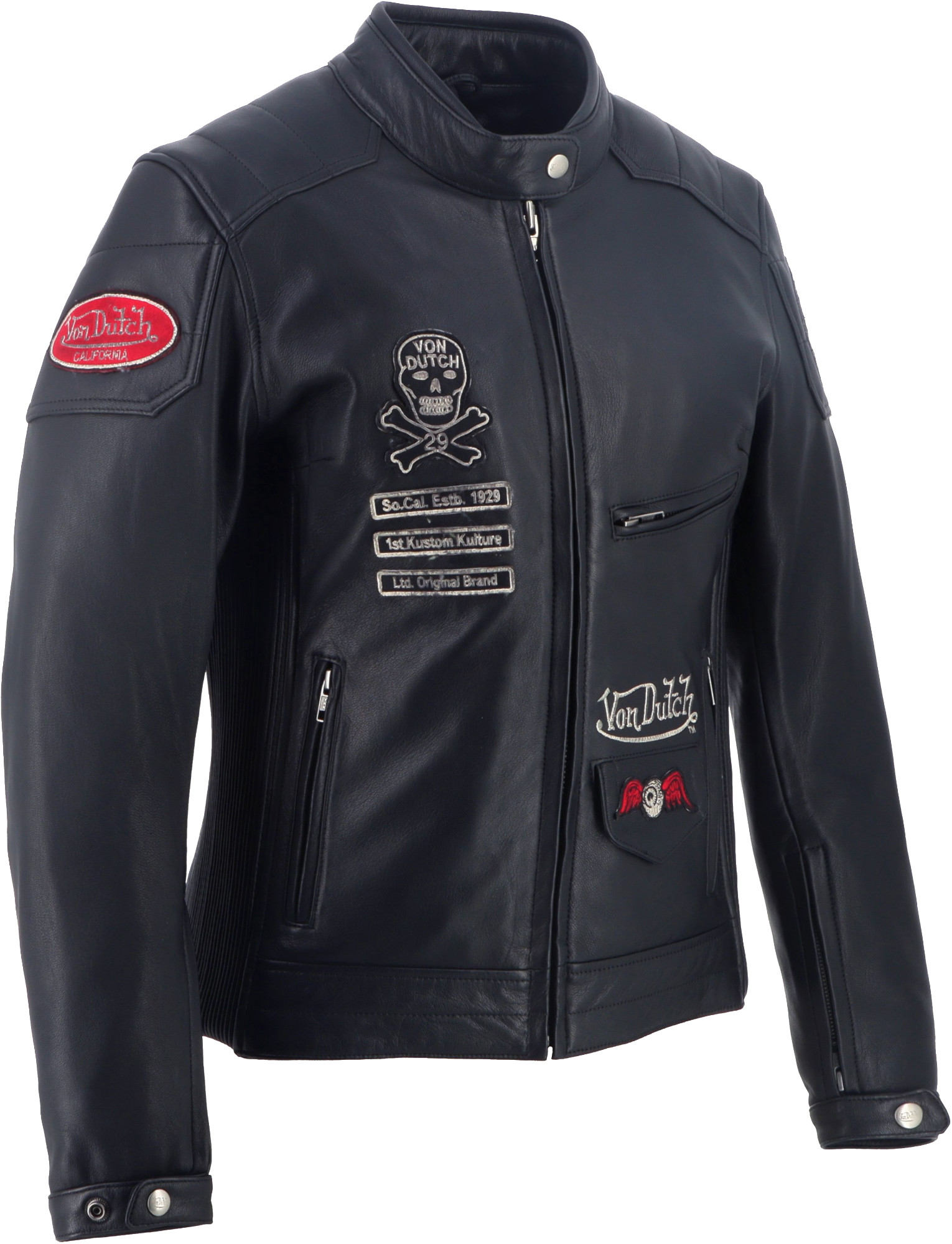 Side view of Von Dutch X Helstons Pretty Ladies Motorcycle Leather Jacket, black, Size L for Women