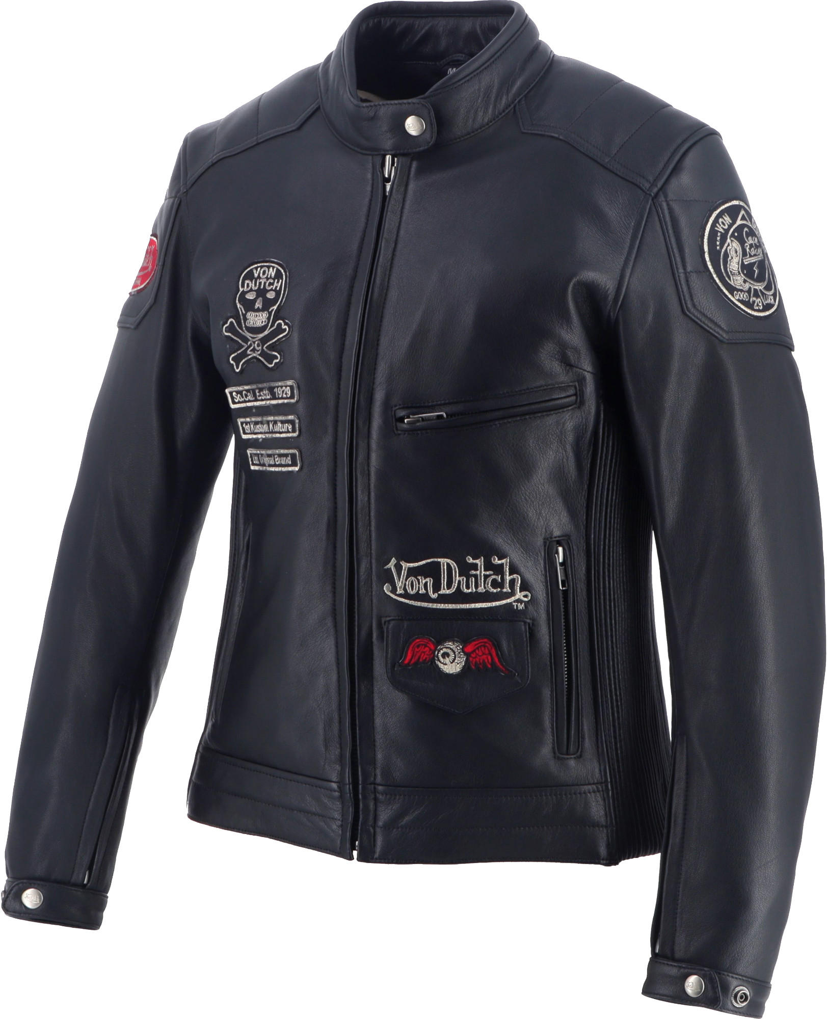 Side view of Von Dutch X Helstons Pretty Ladies Motorcycle Leather Jacket, black, Size L for Women