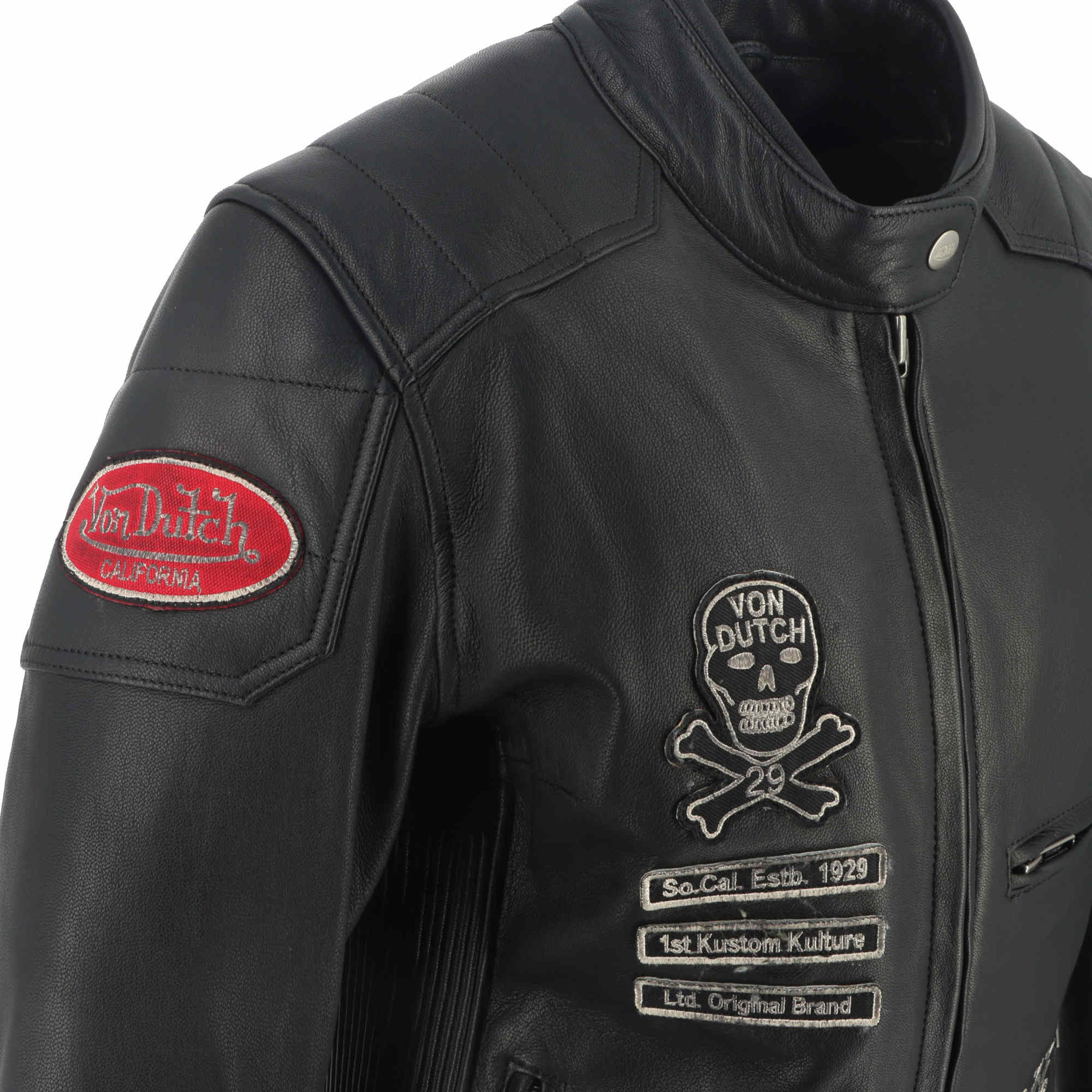 Side view of Von Dutch X Helstons Pretty Ladies Motorcycle Leather Jacket, black, Size L for Women