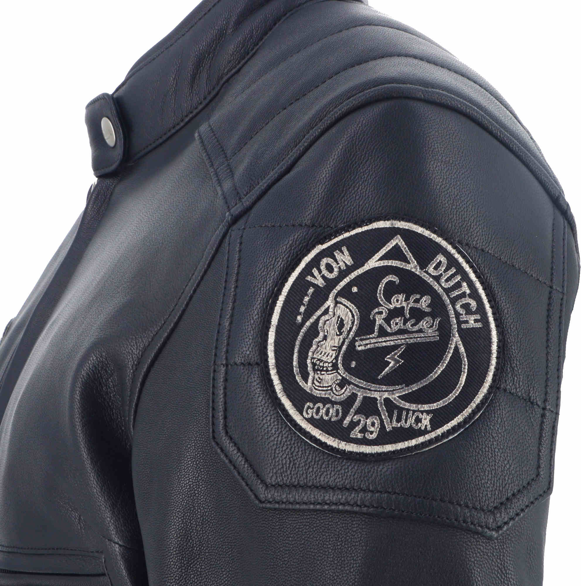 Side view of Von Dutch X Helstons Pretty Ladies Motorcycle Leather Jacket, black, Size L for Women