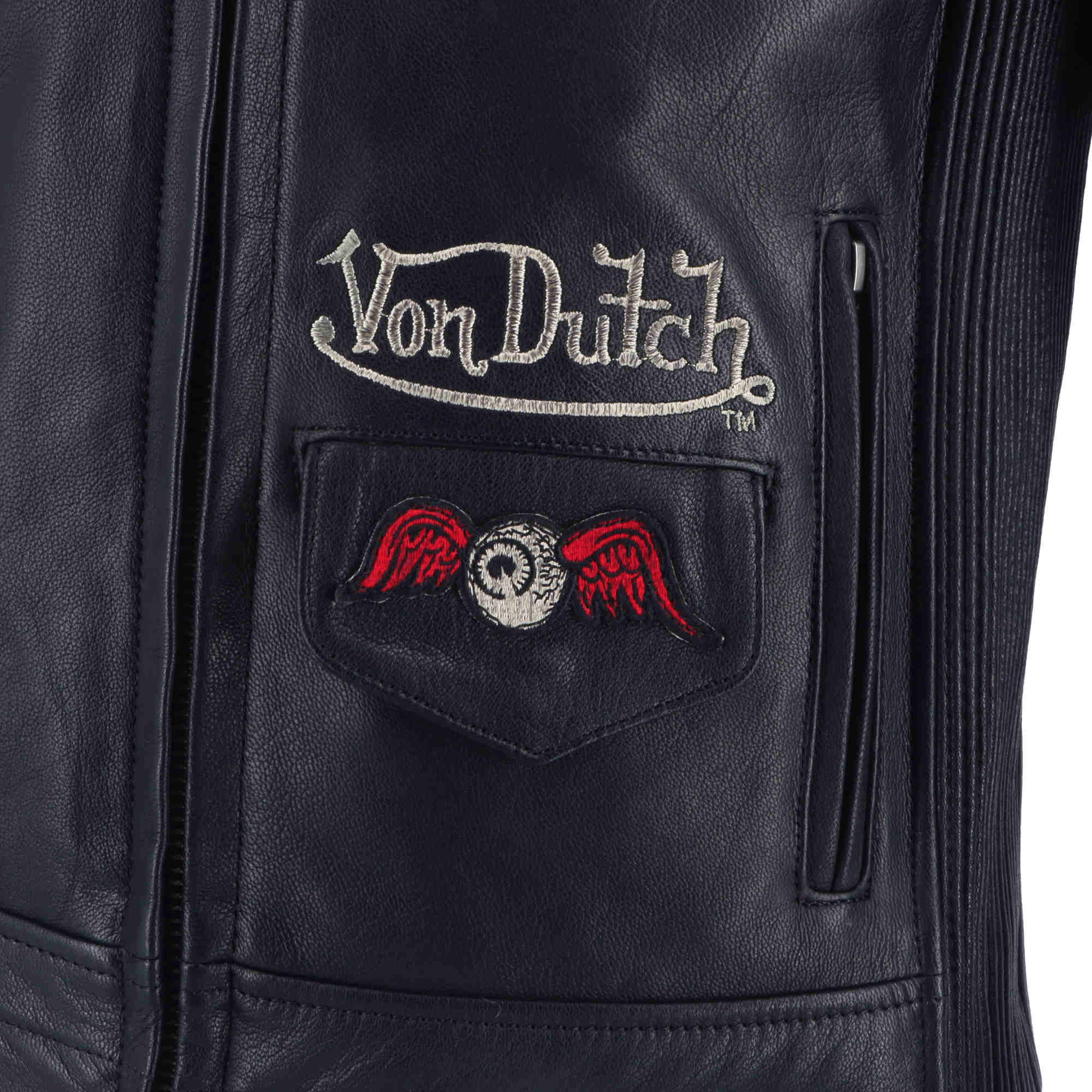 Side view of Von Dutch X Helstons Pretty Ladies Motorcycle Leather Jacket, black, Size L for Women