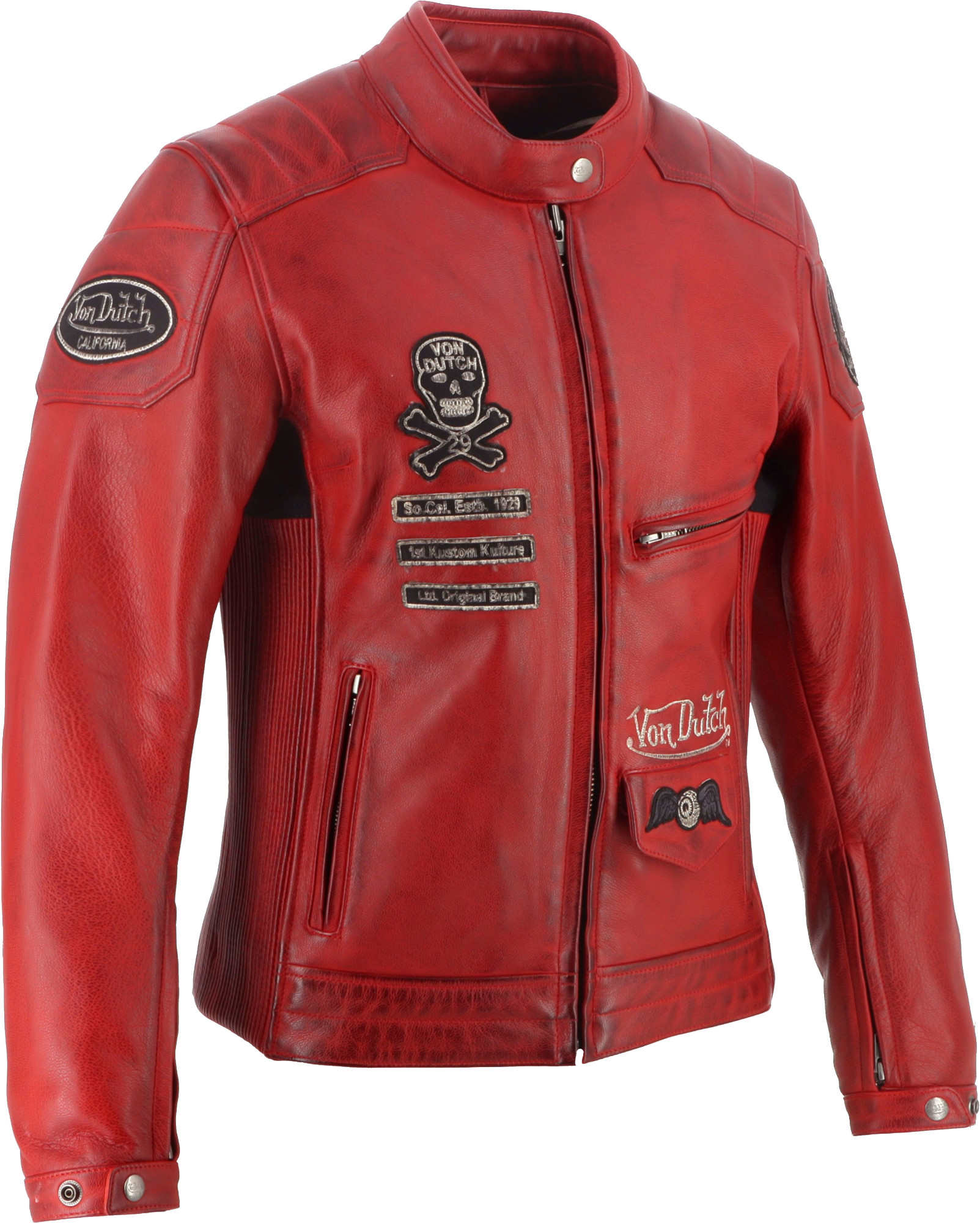 Side view of Von Dutch X Helstons Pretty Ladies Motorcycle Leather Jacket, red, Size XL for Women