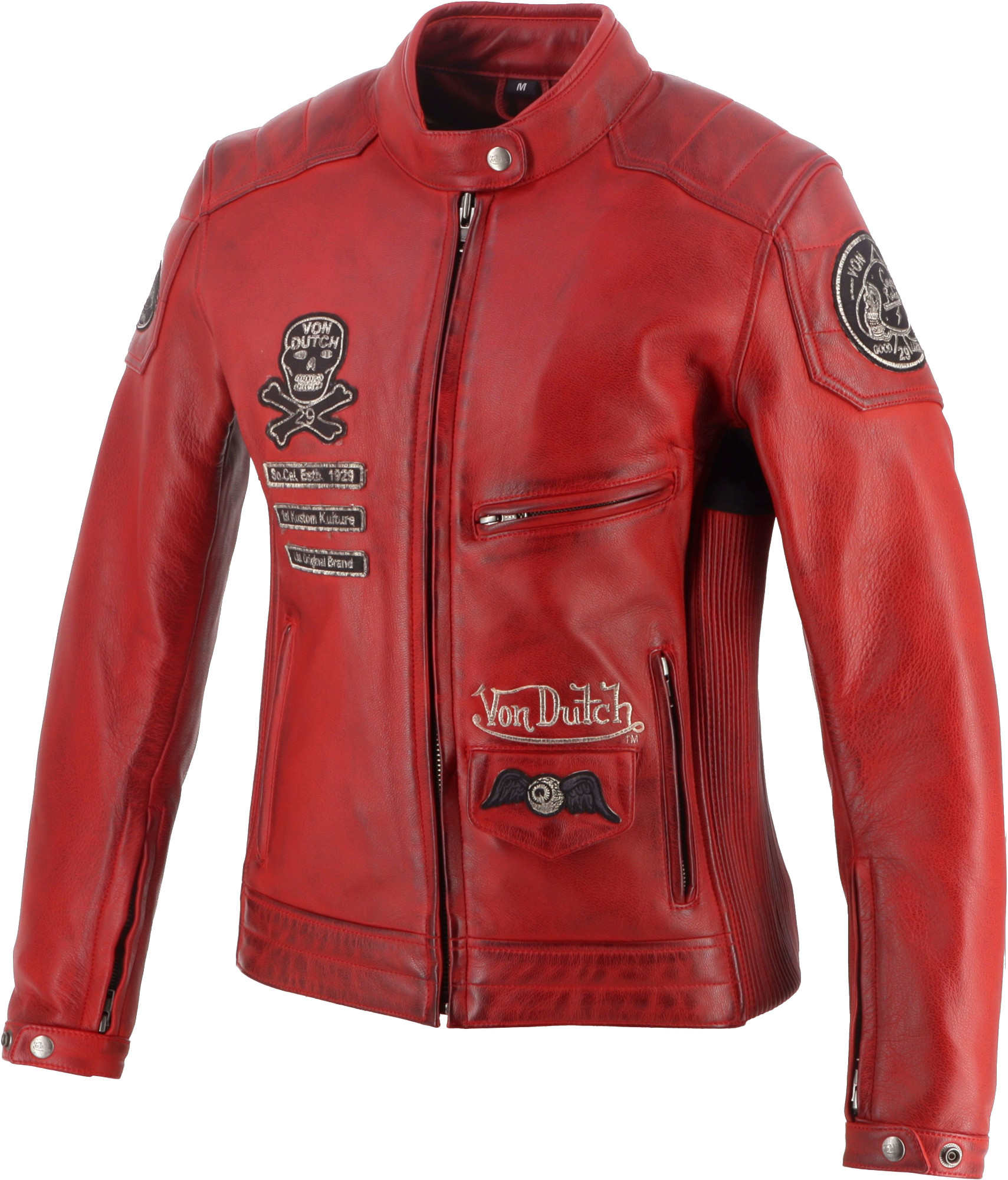Side view of Von Dutch X Helstons Pretty Ladies Motorcycle Leather Jacket, red, Size XL for Women