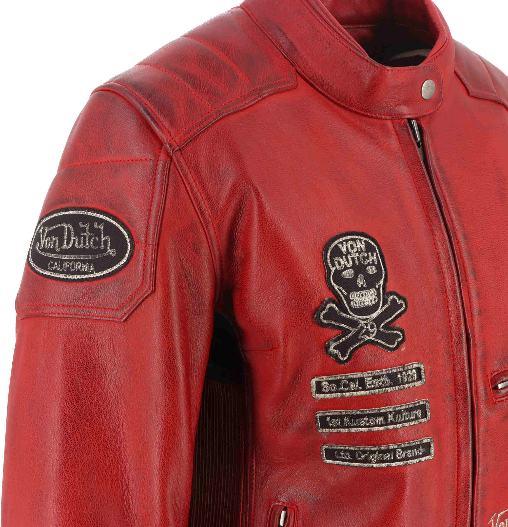 Side view of Von Dutch X Helstons Pretty Ladies Motorcycle Leather Jacket, red, Size XL for Women