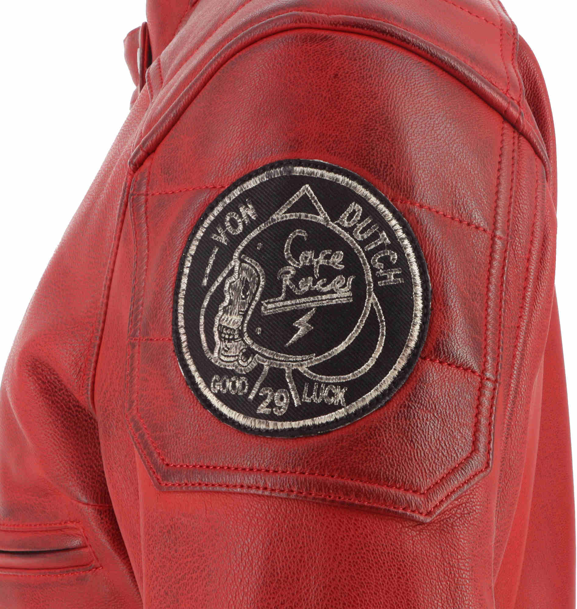 Side view of Von Dutch X Helstons Pretty Ladies Motorcycle Leather Jacket, red, Size XL for Women