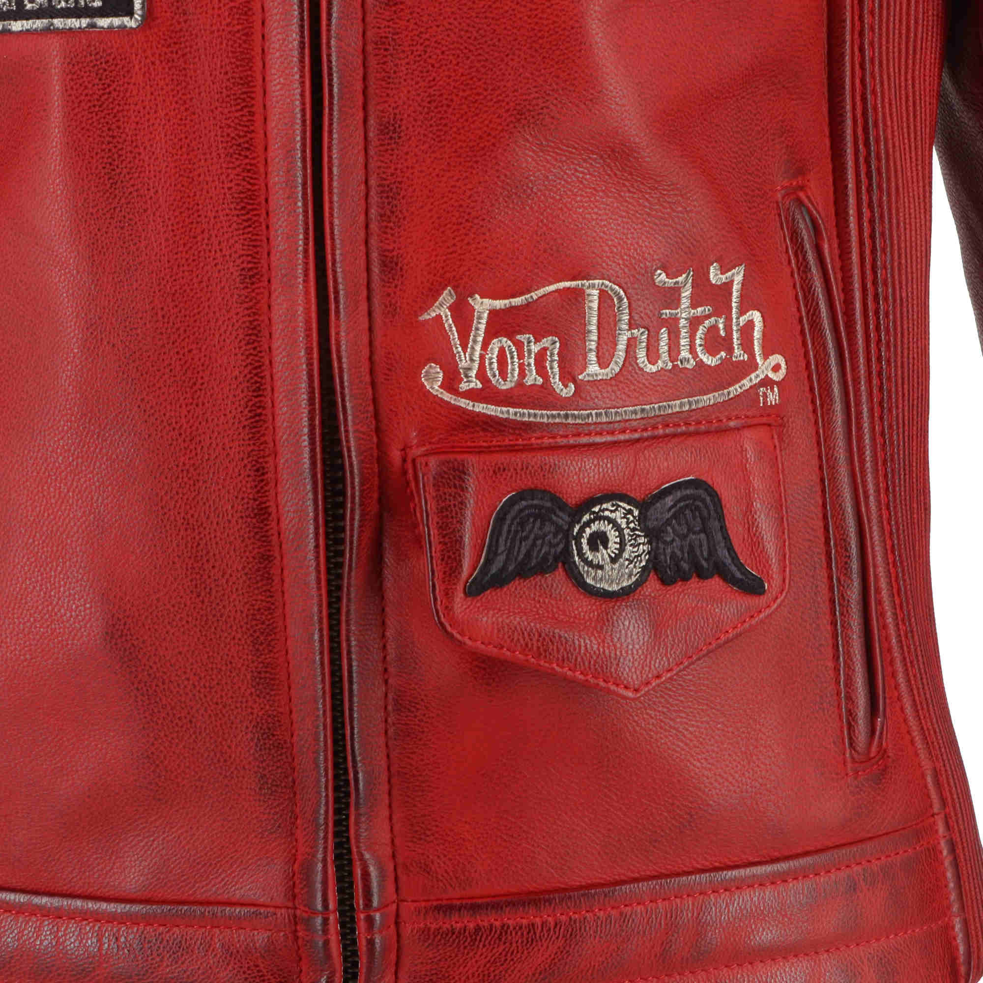 Side view of Von Dutch X Helstons Pretty Ladies Motorcycle Leather Jacket, red, Size XL for Women