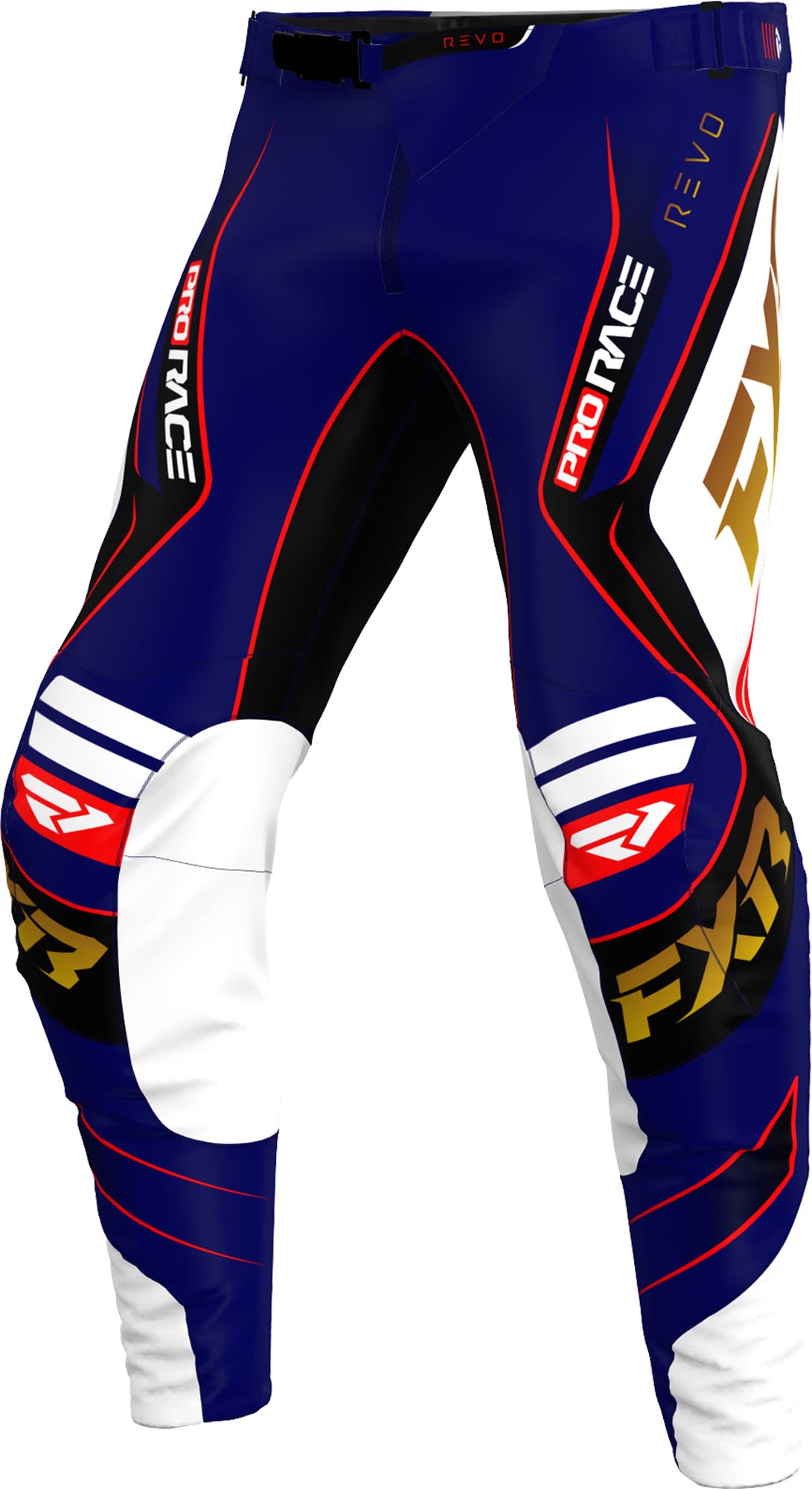 FXR Revo Alpha Pantalons de motocross, noir-blanc-rouge-bleu, taille 28 pour Hommes