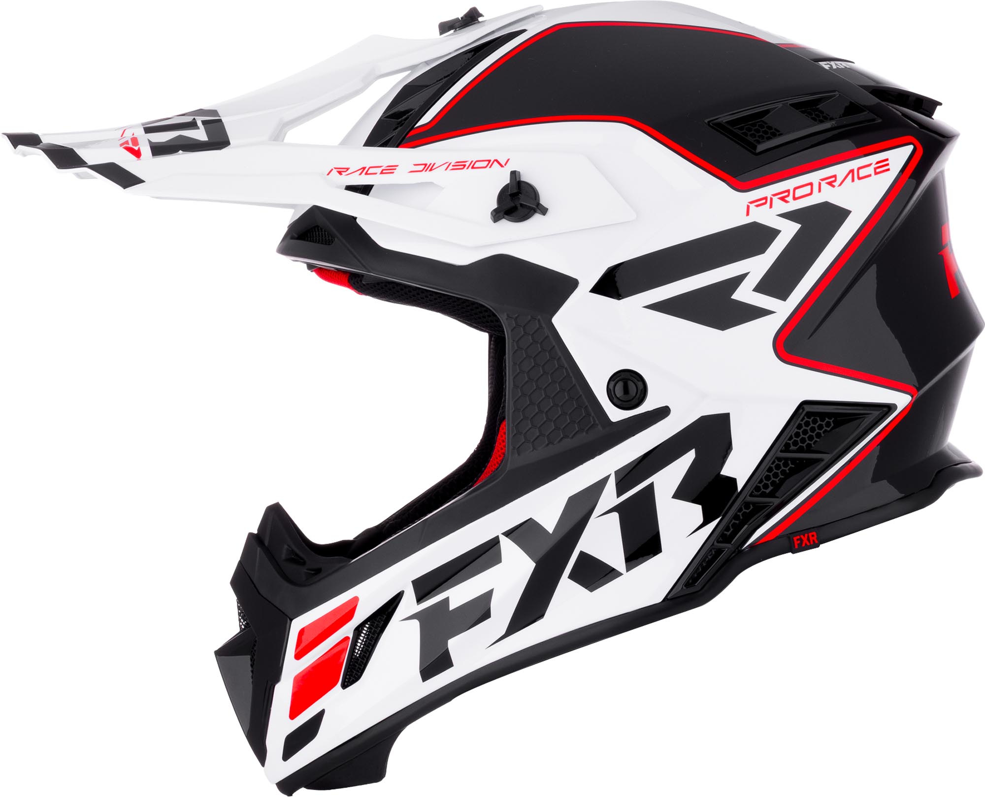 Side view of FXR Helium Logo Carbon Motocross Helmet, black-white-red, Size XS for Men