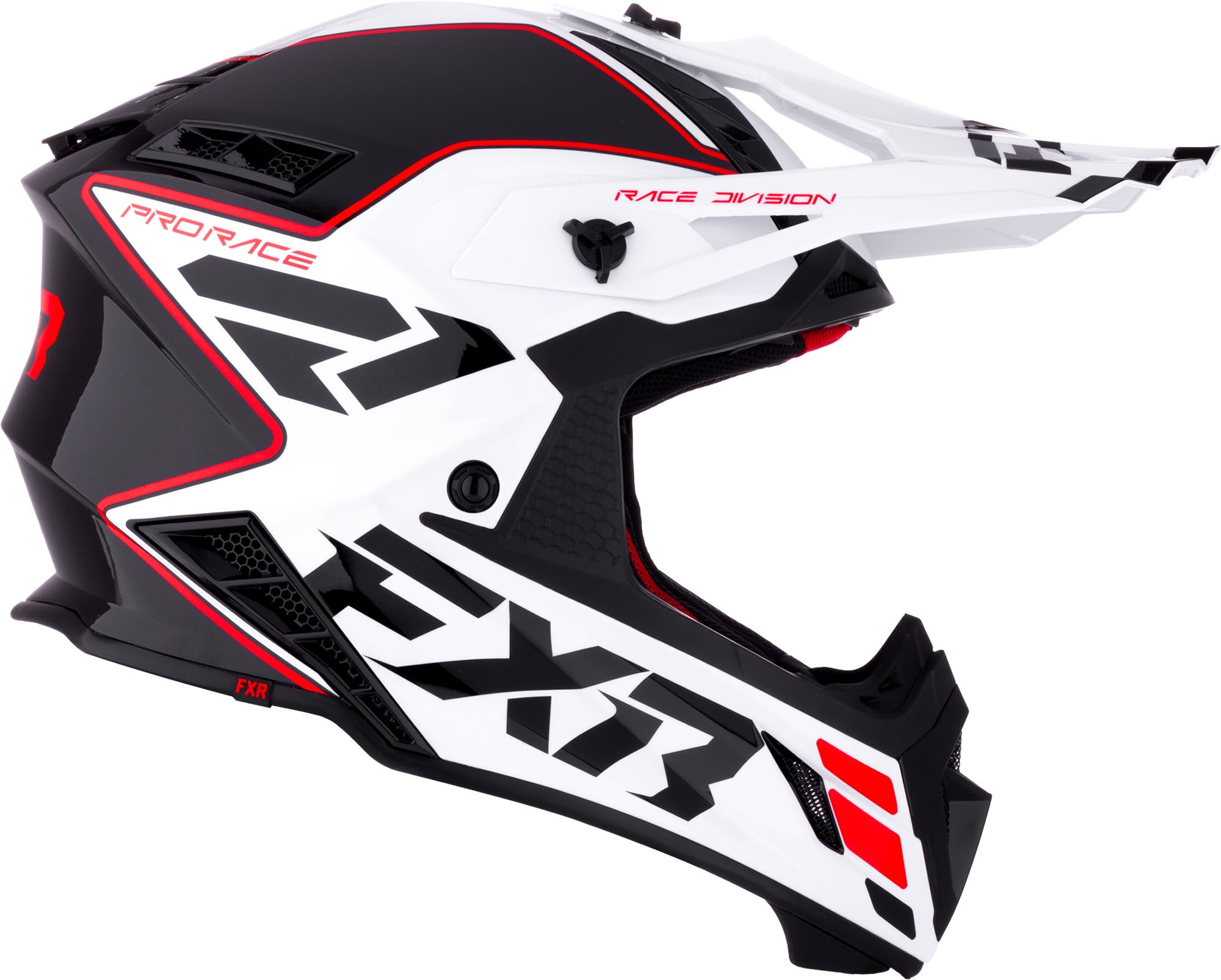 Side view of FXR Helium Logo Carbon Motocross Helmet, black-white-red, Size XS for Men