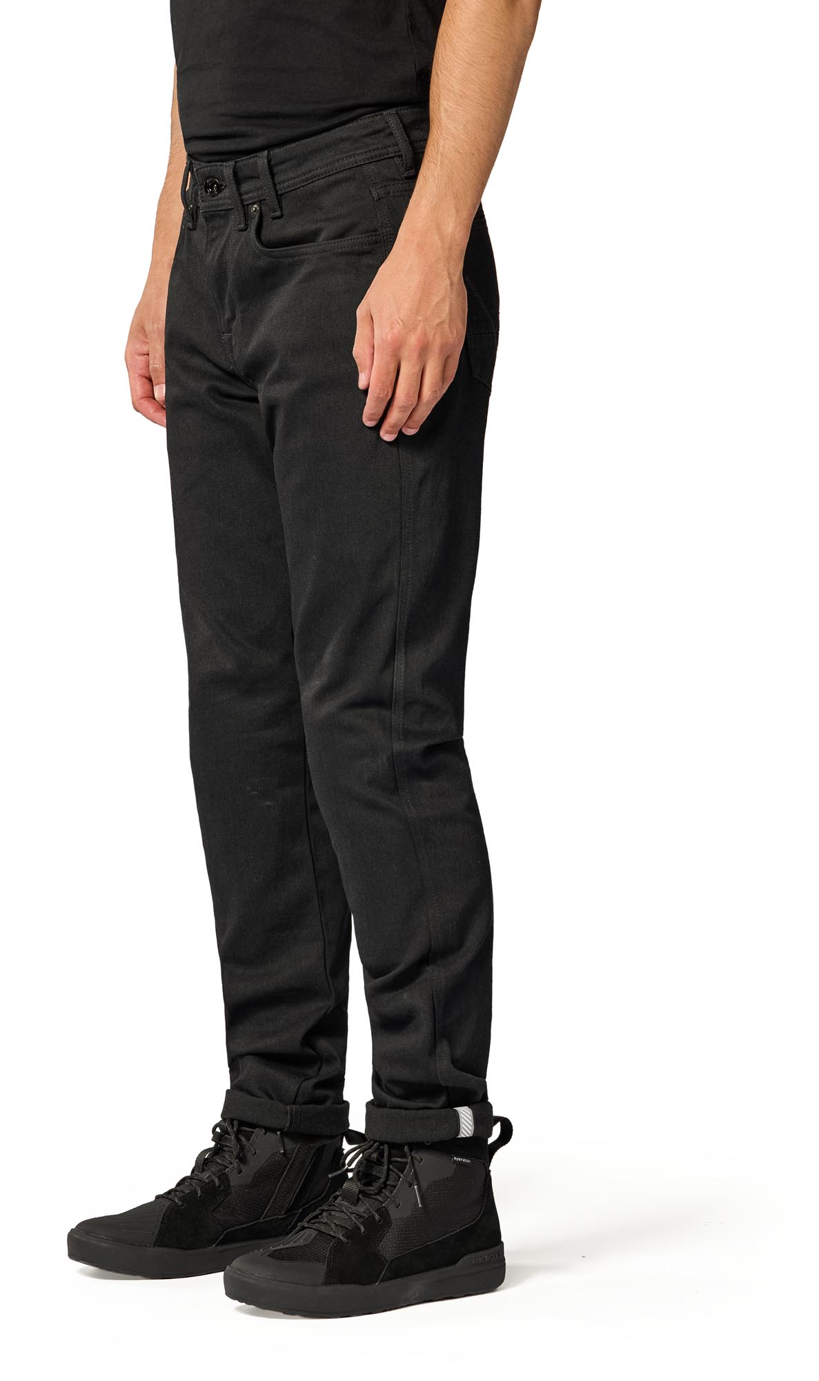 Side view of Revit Keegan Tapered Motorcycle Jeans, black, Size 32 36 for Men
