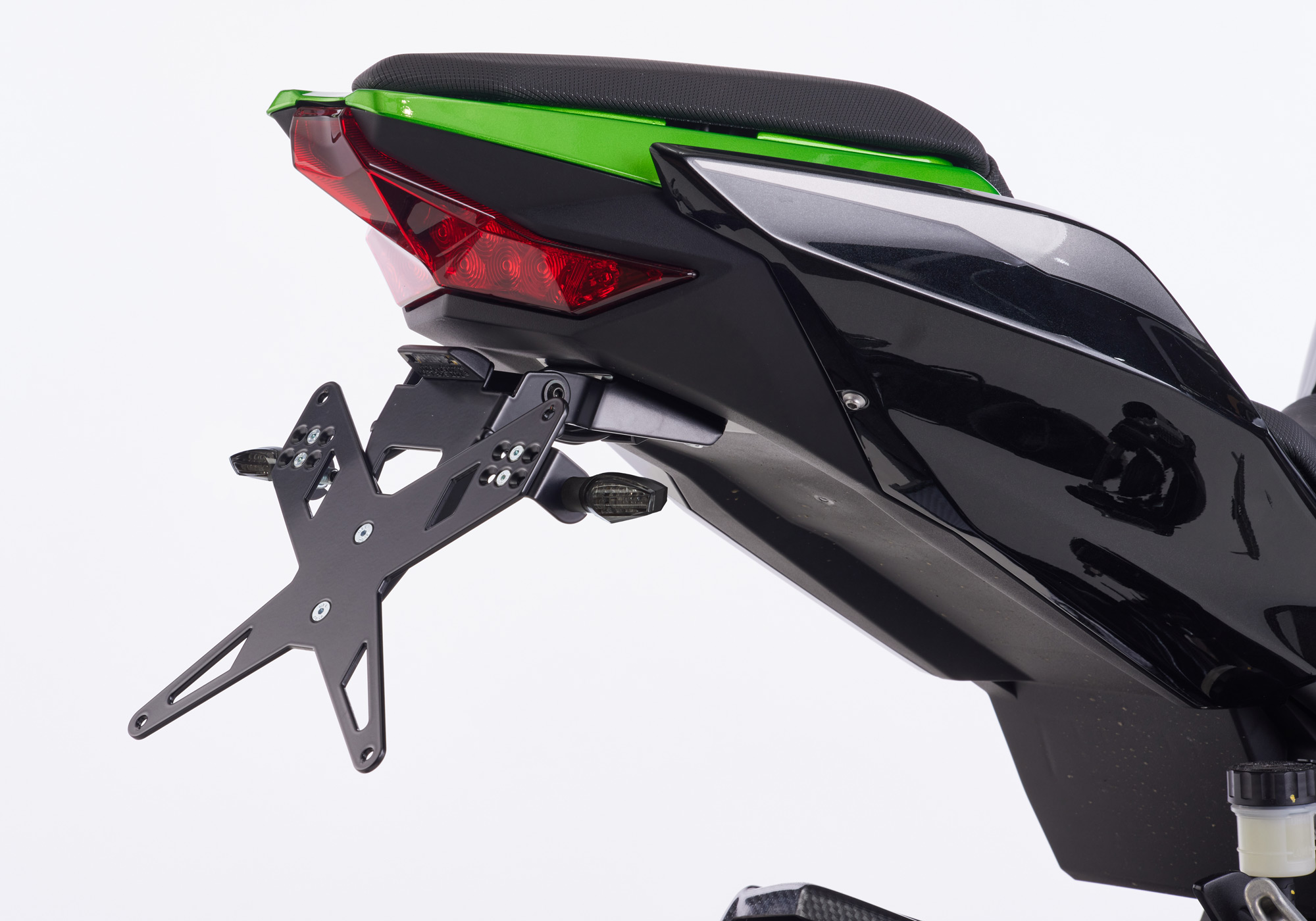 Side view of PROTECH license plate holder plug and play complete set with 4 LED indicators stainless steel/aluminium powder-coated black