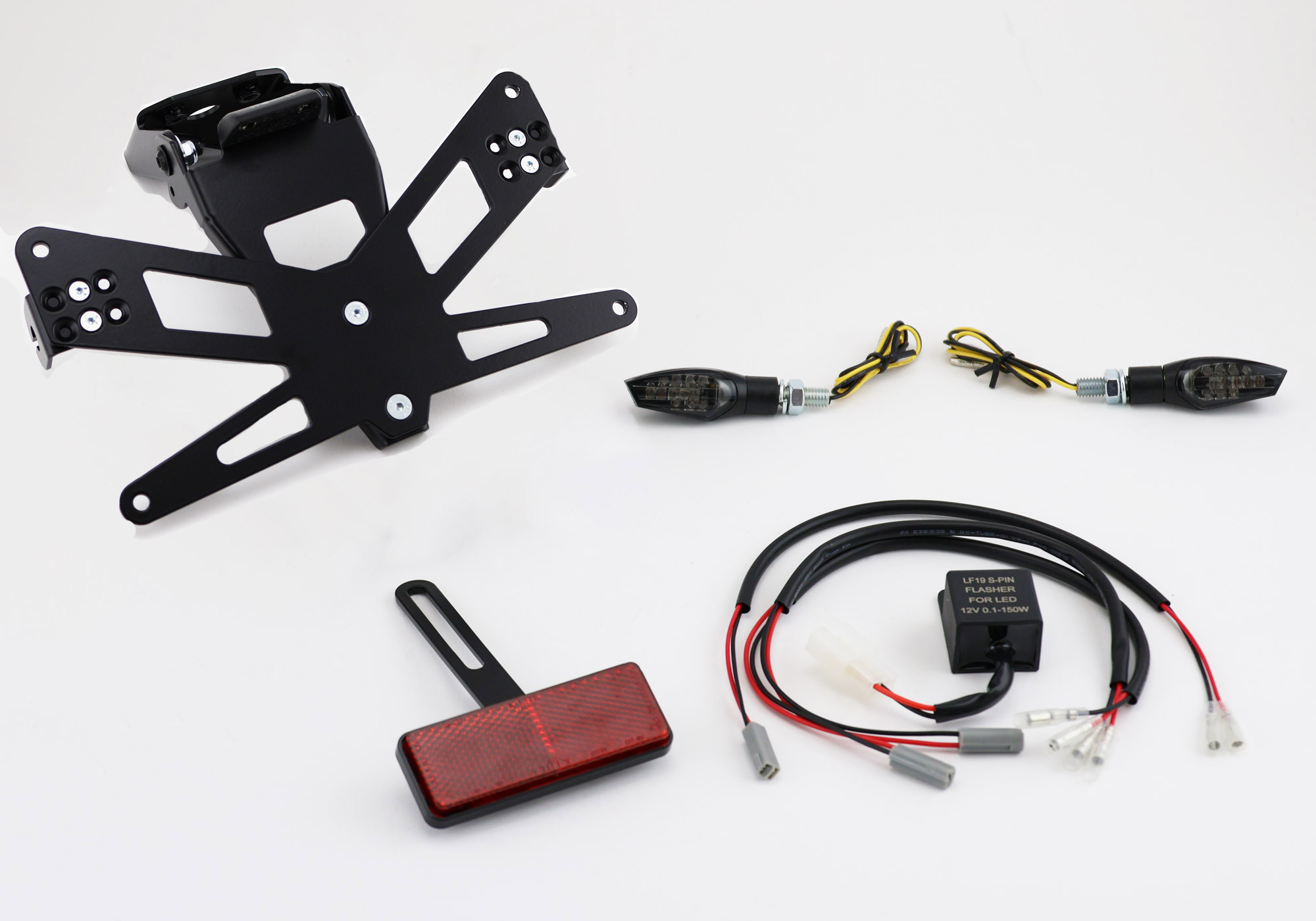 Ensemble complet plug and play pour porte-plaque PROTECH avec 2 clignotants LED en acier inoxydable/aluminium en poudre noire